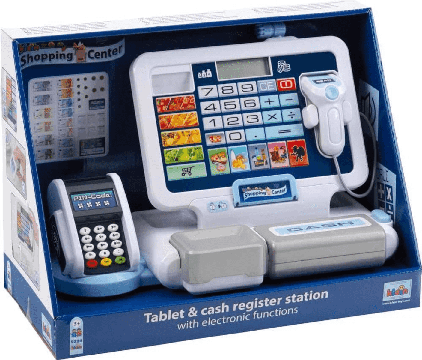 Spielzeug-Kasse mit Tablet und Scanner, inklusive Zubehör und Spielgeld.