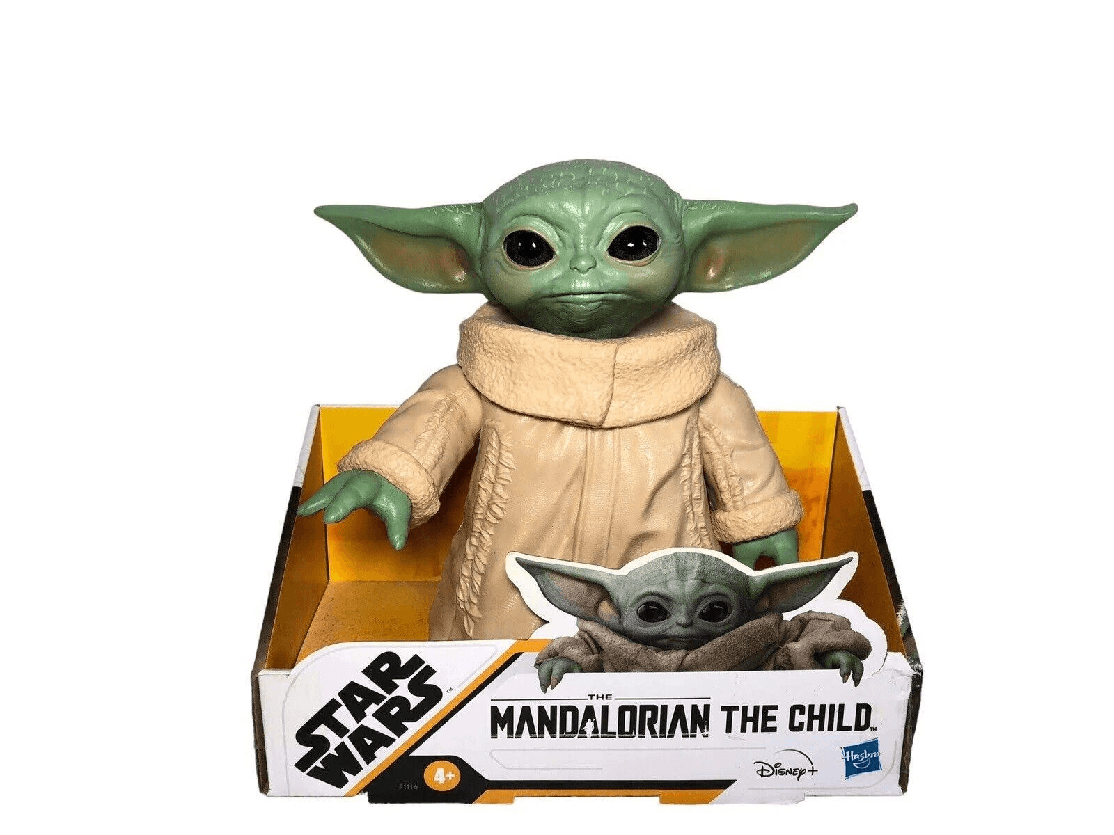Un juguete de Baby Yoda en su empaque con la marca "Star Wars" y "The Mandalorian".
