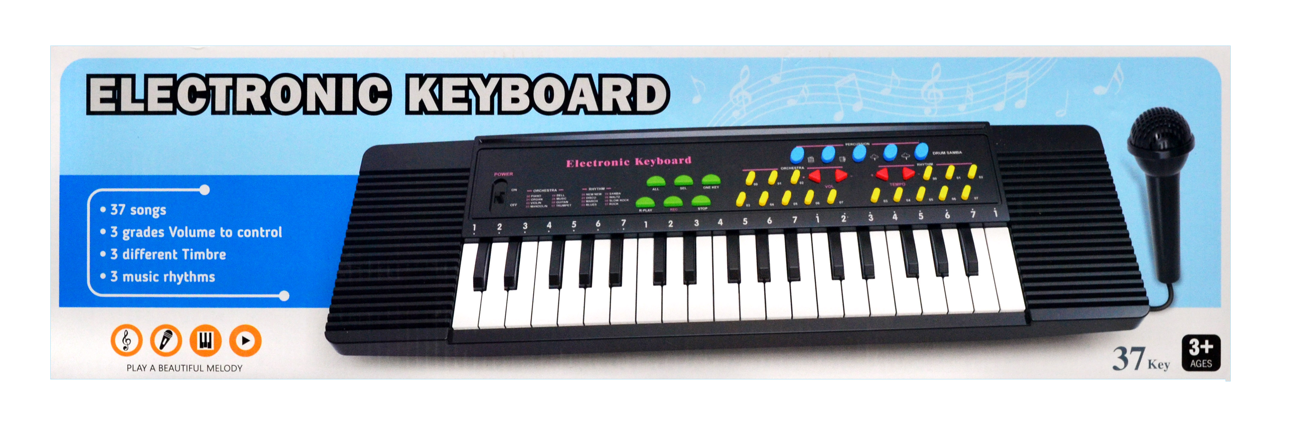 Czarna elektroniczna keyboard z mikrofonem i wieloma kolorowymi przyciskami.