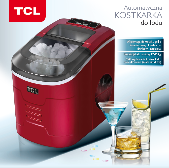 Czerwona kostkarka do lodu TCL z kostkami lodu, obok koktajle z lodem.
