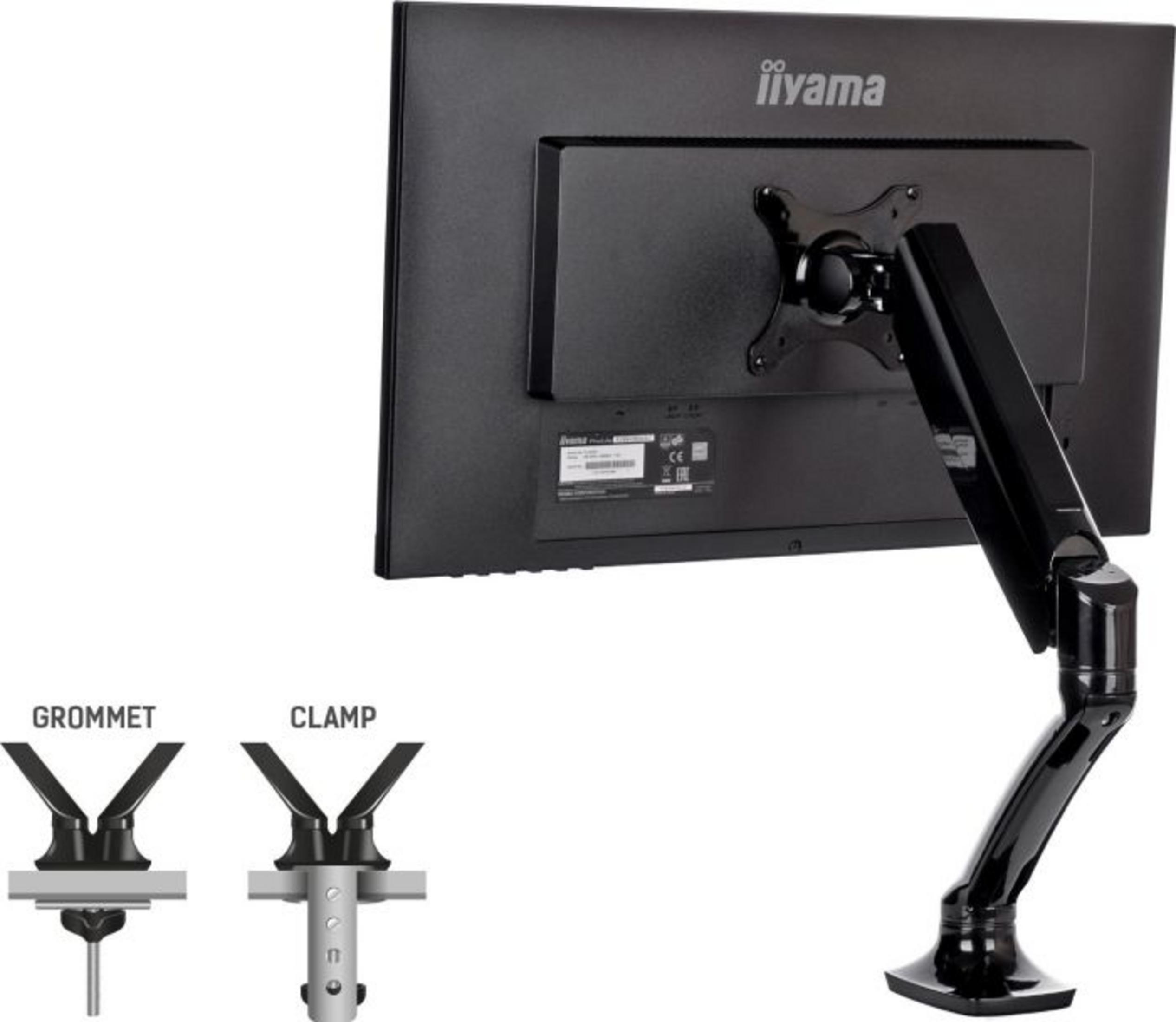 Black monitor arm with clamp and grommet mount options shown.