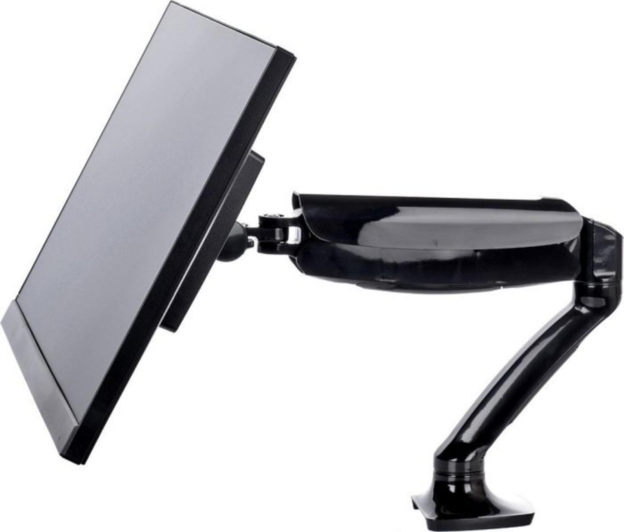 A black monitor arm holding a flat screen display.