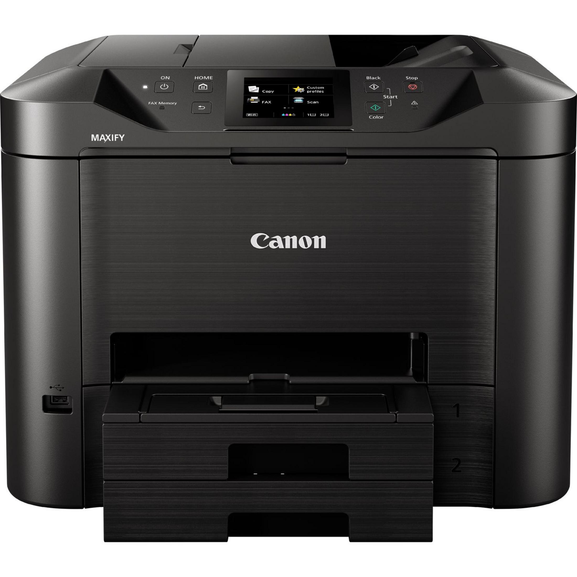 A black Canon MAXIFY printer with a touchscreen control panel and paper tray.