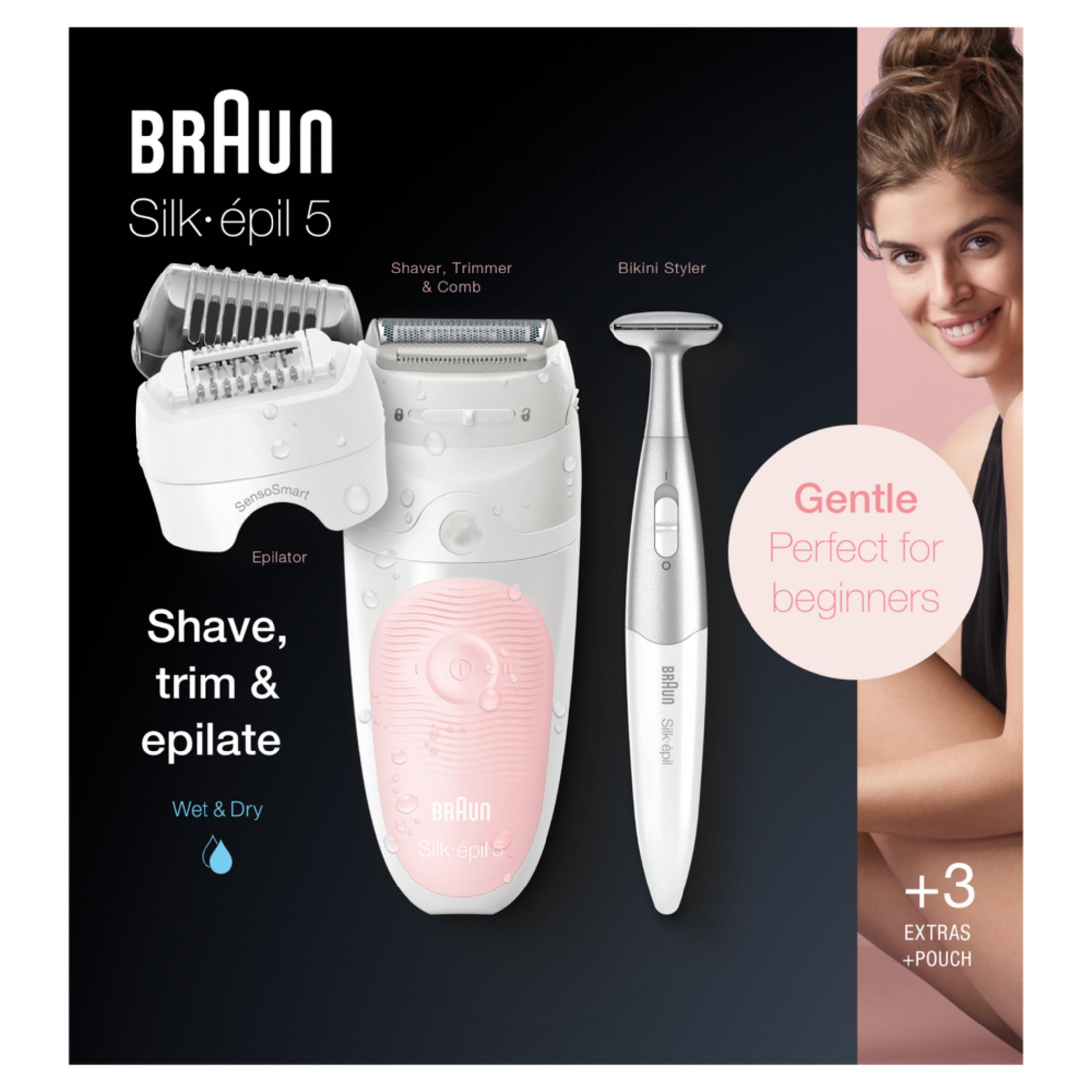 Braun Silk-épil 5 Epilierer, Trimmer und Bikini-Schneider auf schwarzem Hintergrund.