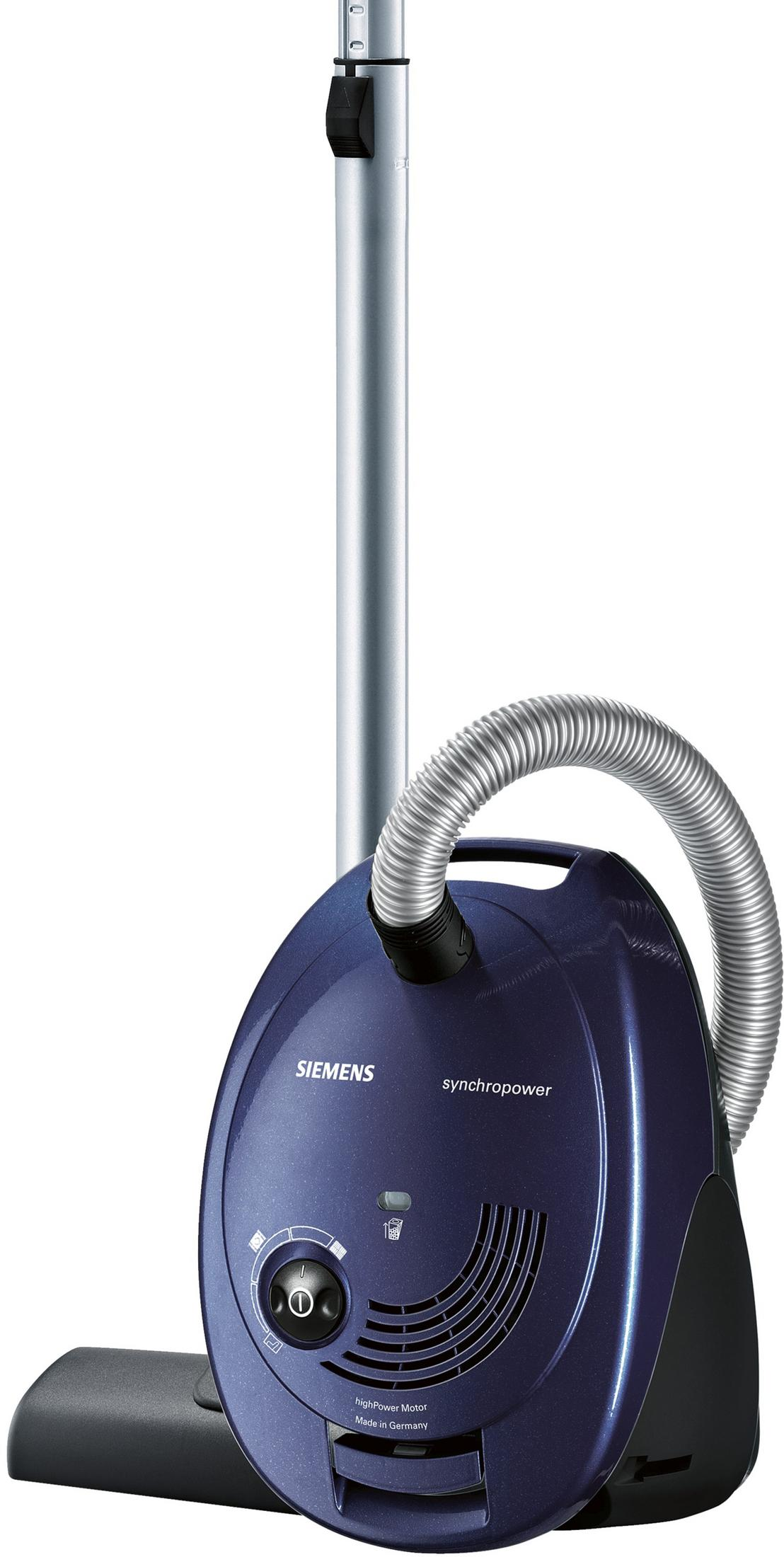 Dunkelblauer Siemens Staubsauger mit silbernem Rohr und Schlauch.