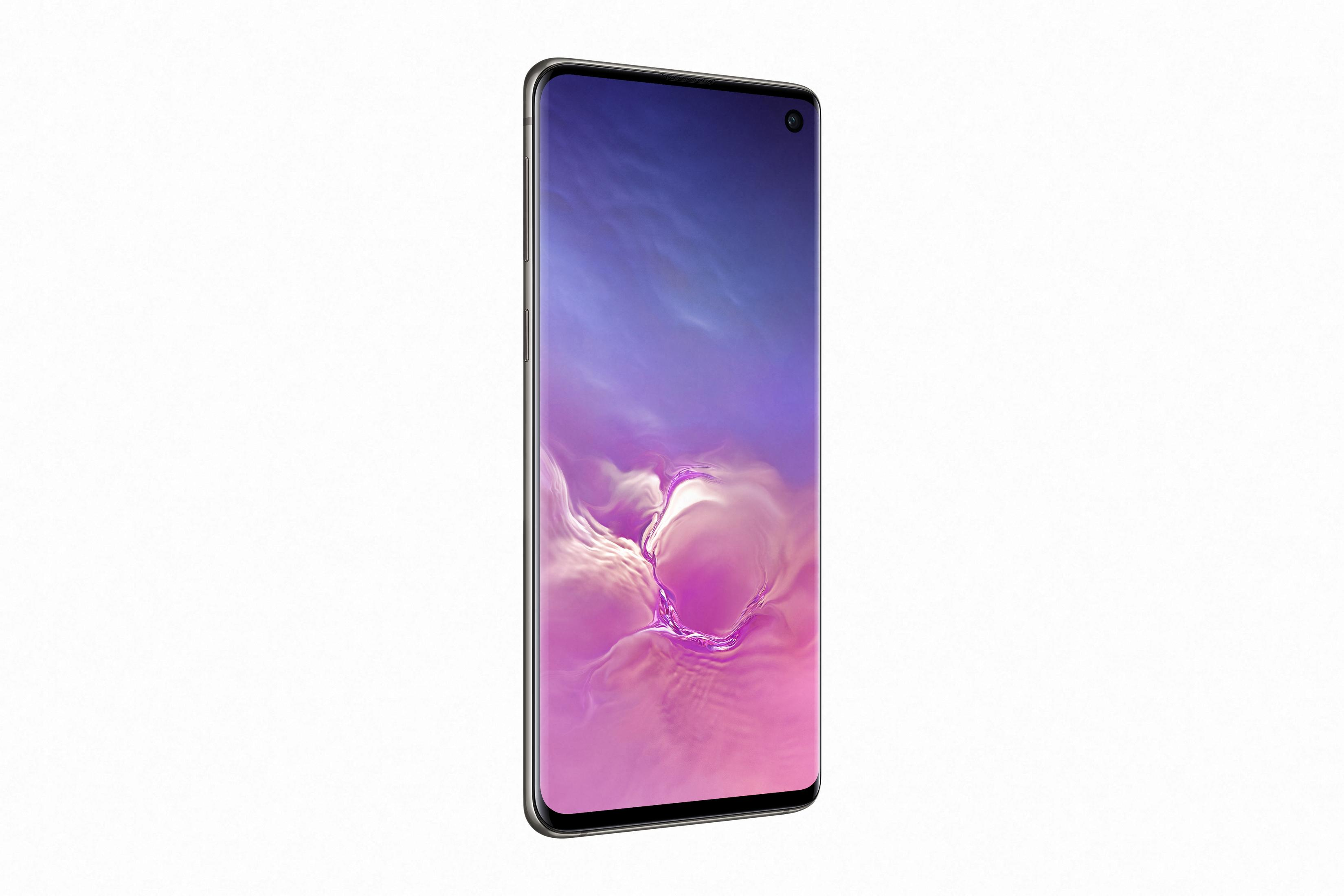 Un smartphone plateado que muestra un fondo de pantalla morado y azul.