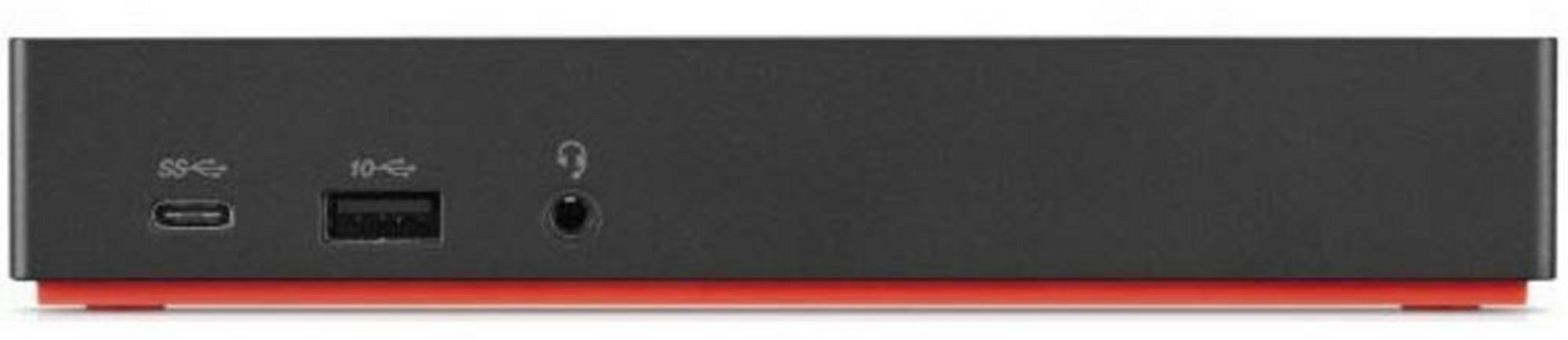 Dispositivo rettangolare nero con accenti rossi, USB-C, USB-A, jack cuffie.