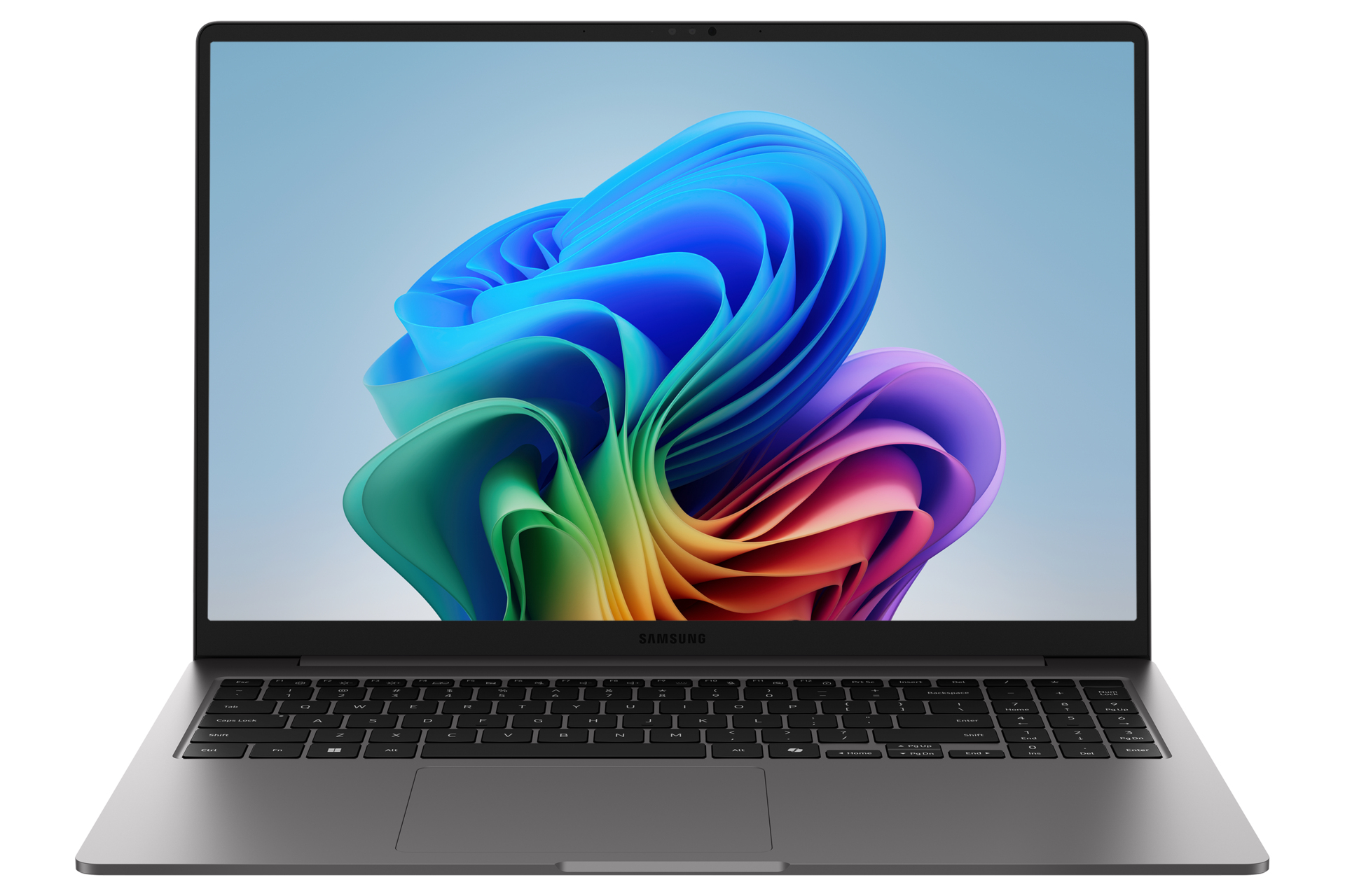 Un laptop Samsung grigio con uno sfondo astratto colorato sullo schermo.
