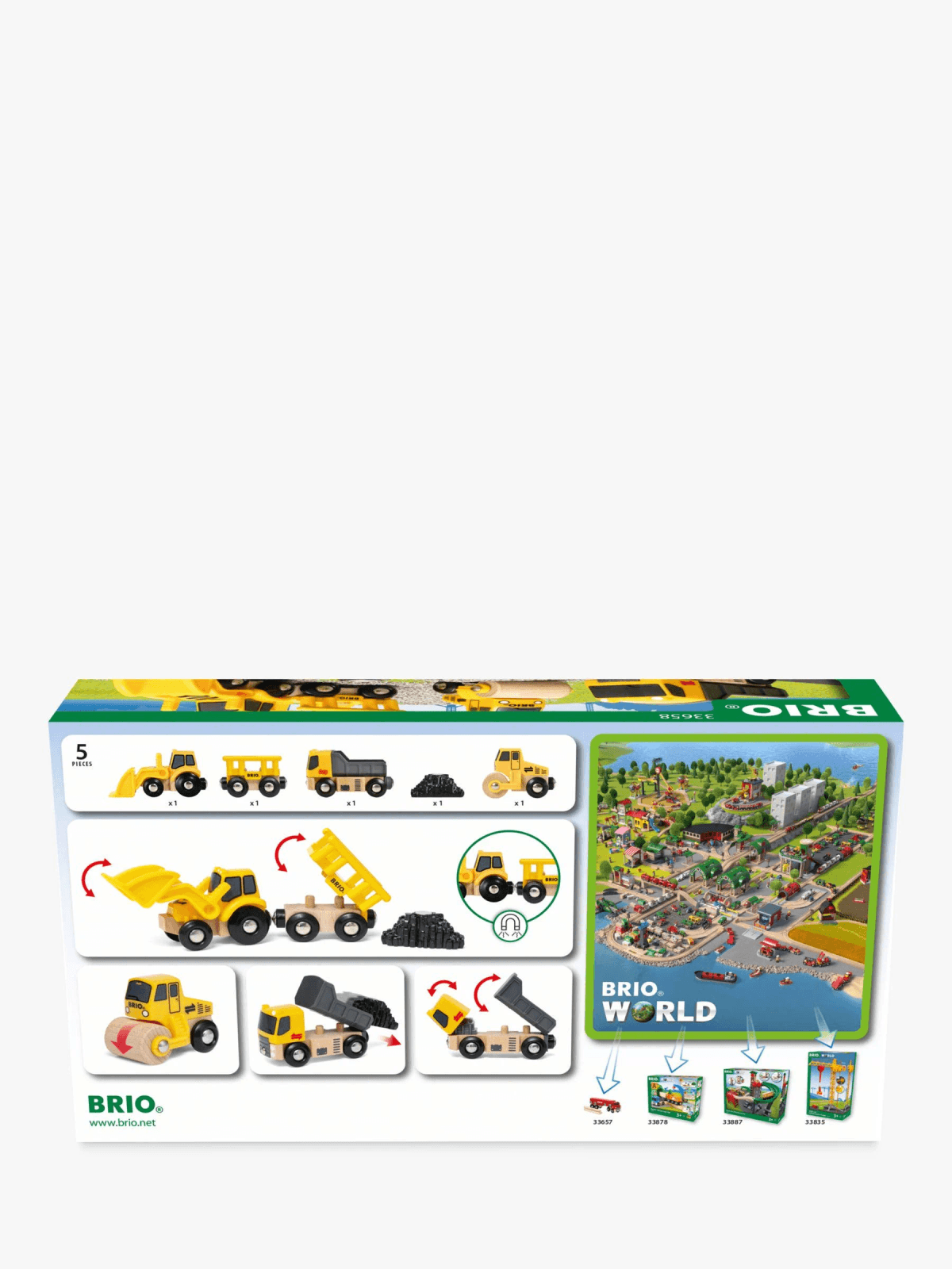 BRIO Baustellenfahrzeuge Spielzeug-Set mit verschiedenen Fahrzeugen und Zubehör.