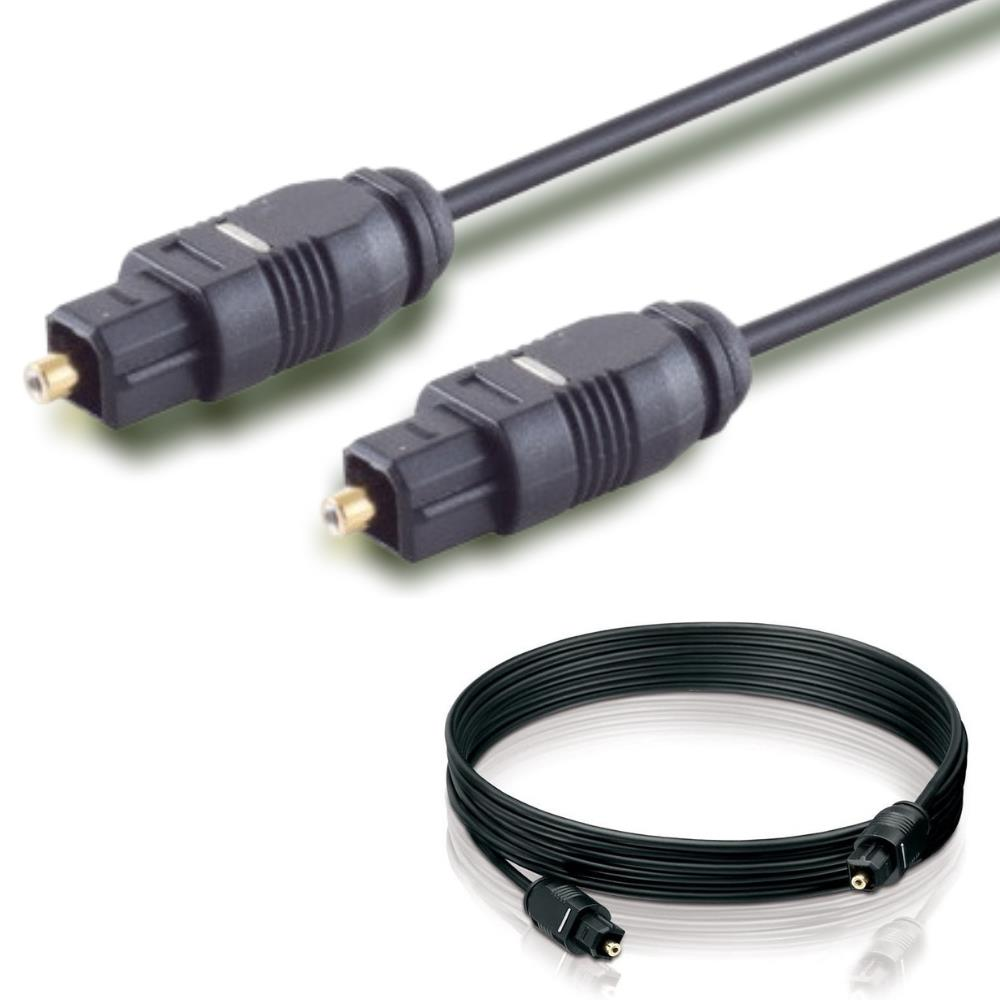 Toslink konektörlü iki siyah optik ses kablosu ve bir adet sarılı kablo.
