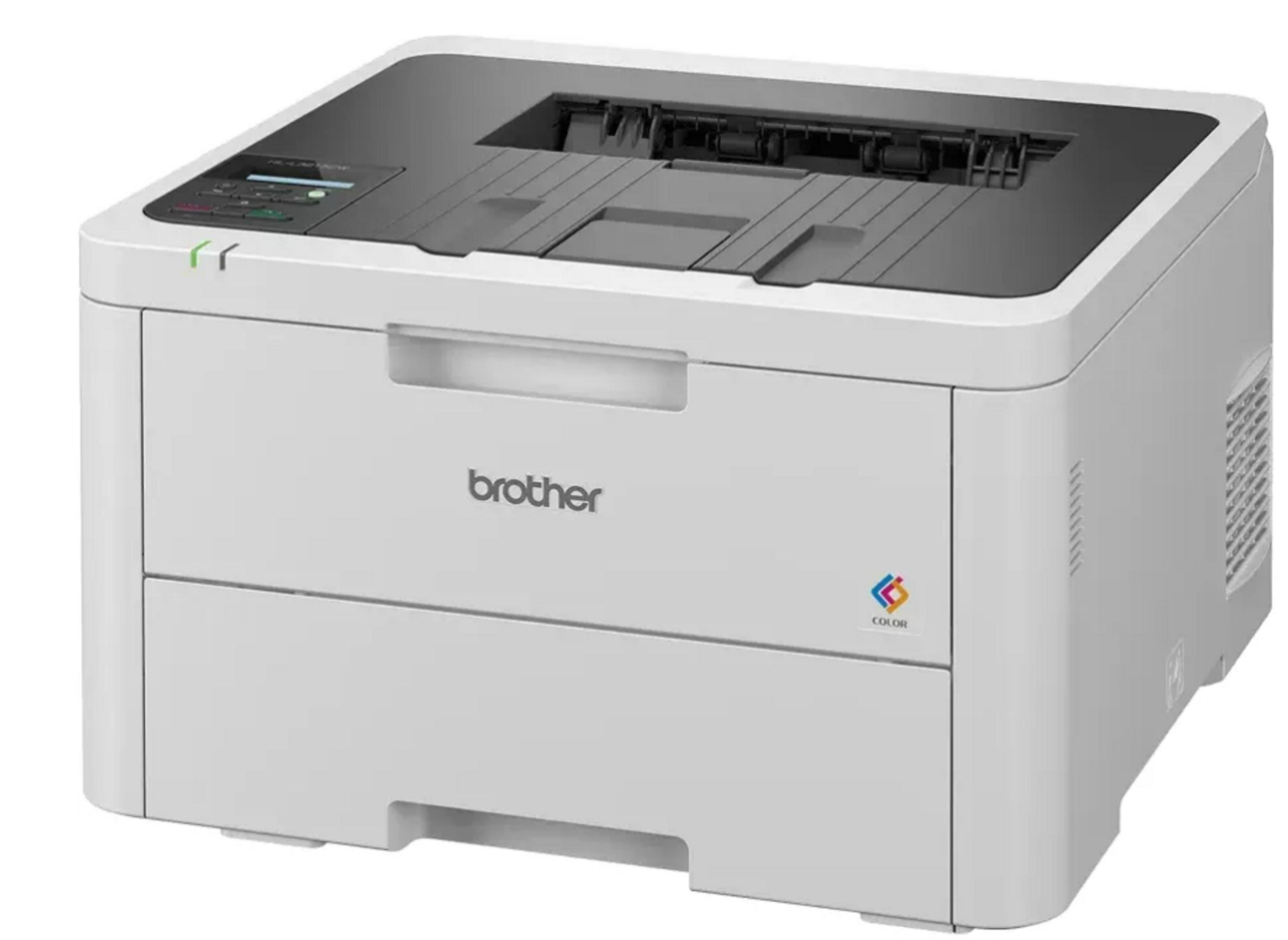 A white Brother color laser printer with a black top and control panel.