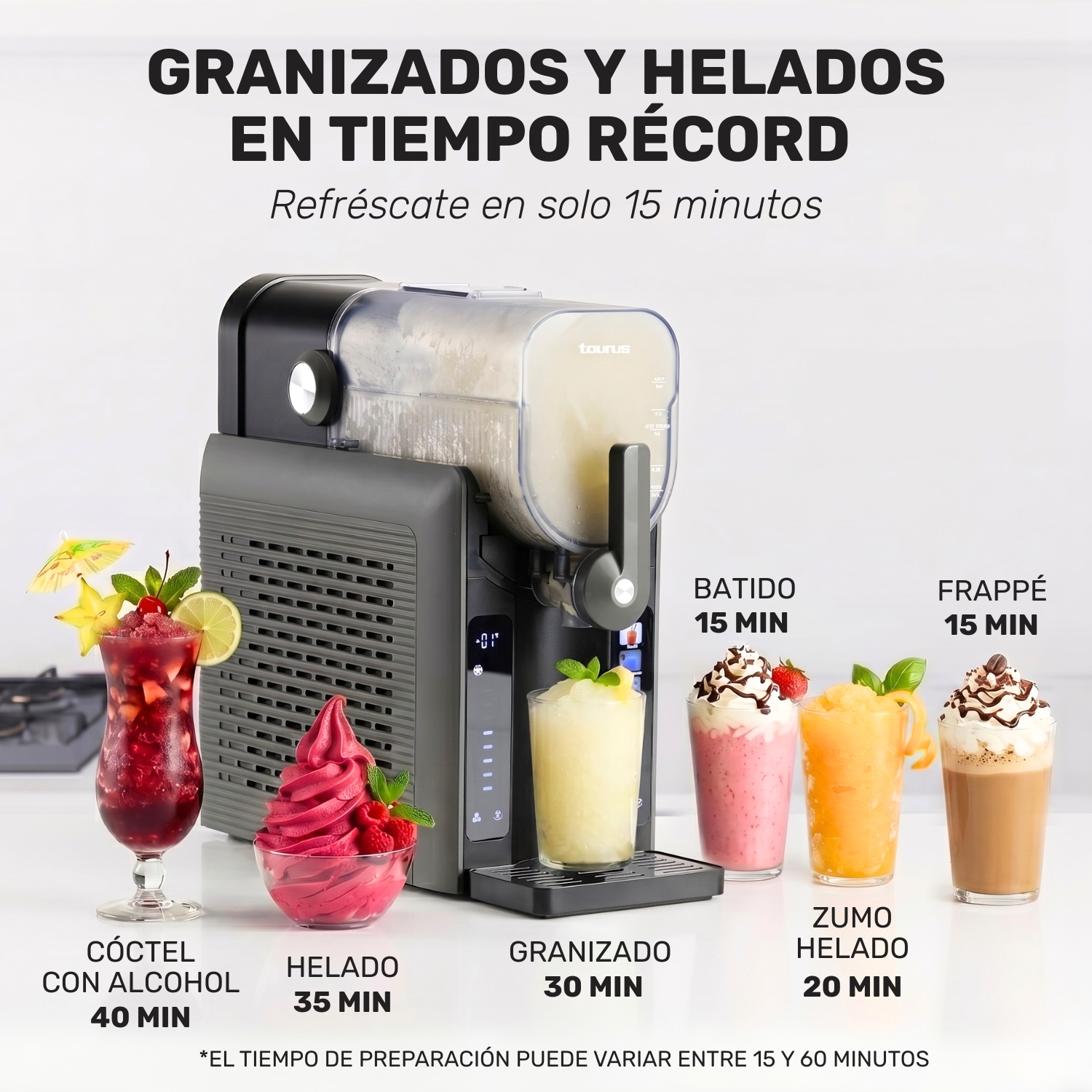 Máquina de granizados con cuatro bebidas coloridas y helado al lado.