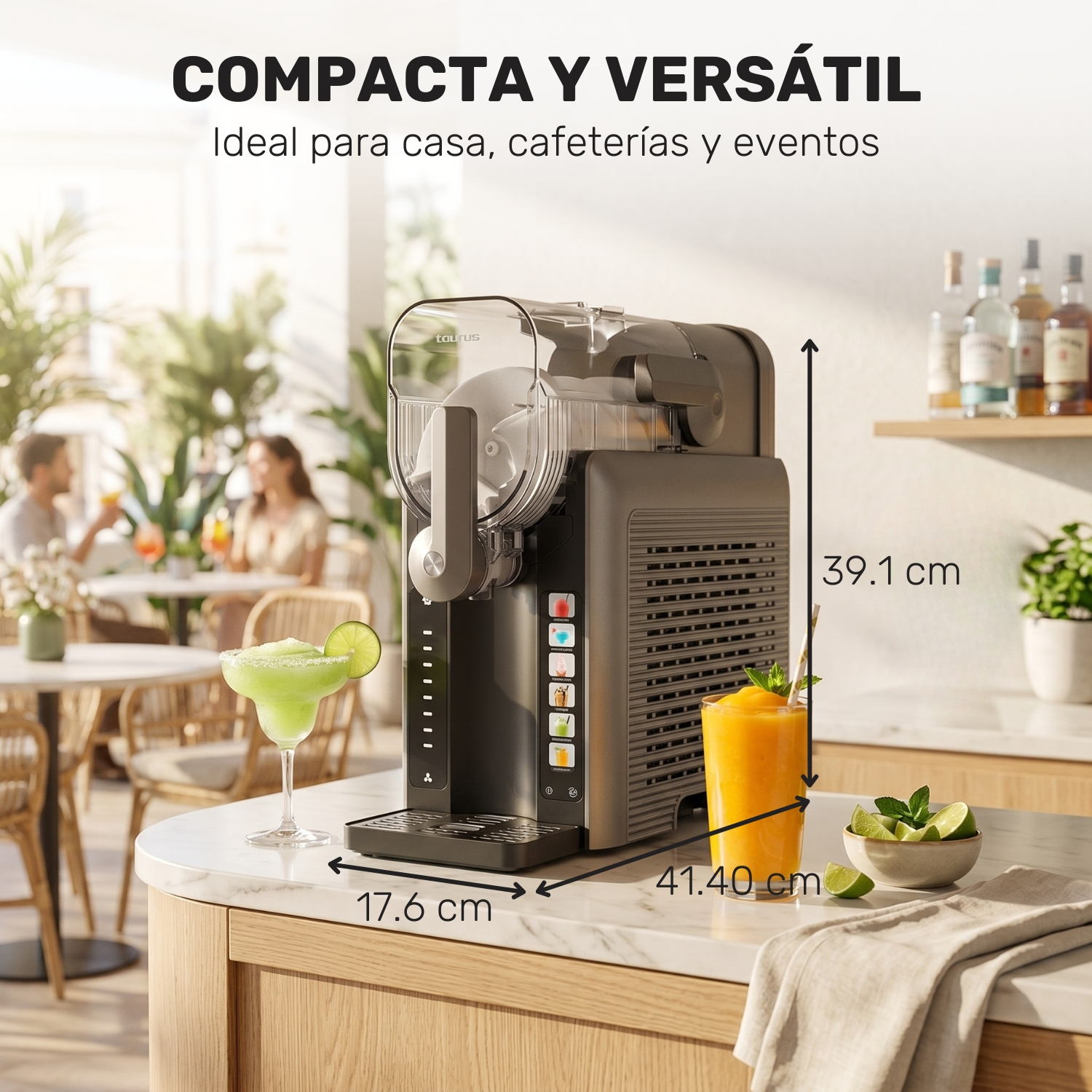 Máquina de granizados en encimera con dos bebidas y medidas.