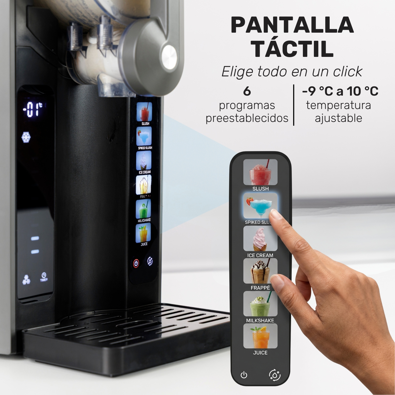 Una mano opera un menú táctil en una máquina de granizados con opciones de bebida.