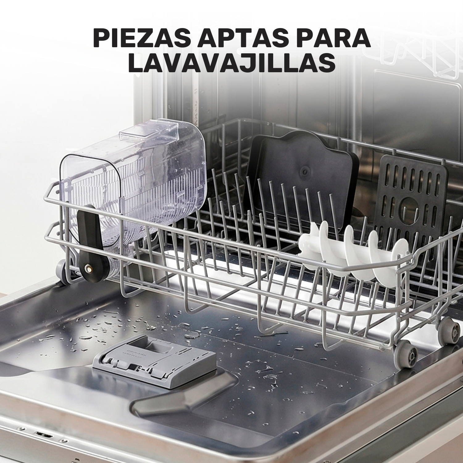 Cesta de lavavajillas con cesta transparente, bandeja negra y brazos rociadores dentro.