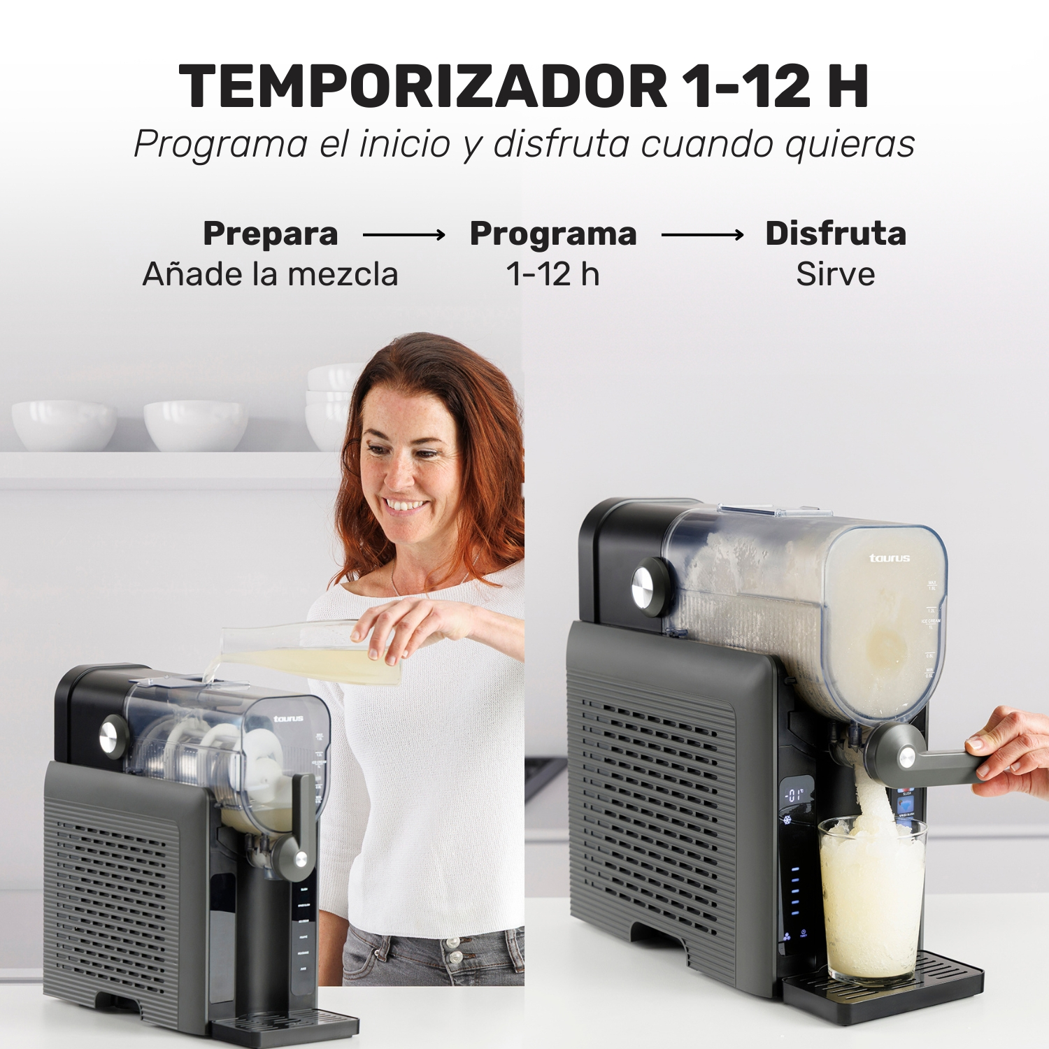 Una mujer vierte líquido en una máquina de helados que luego sirve una bebida.