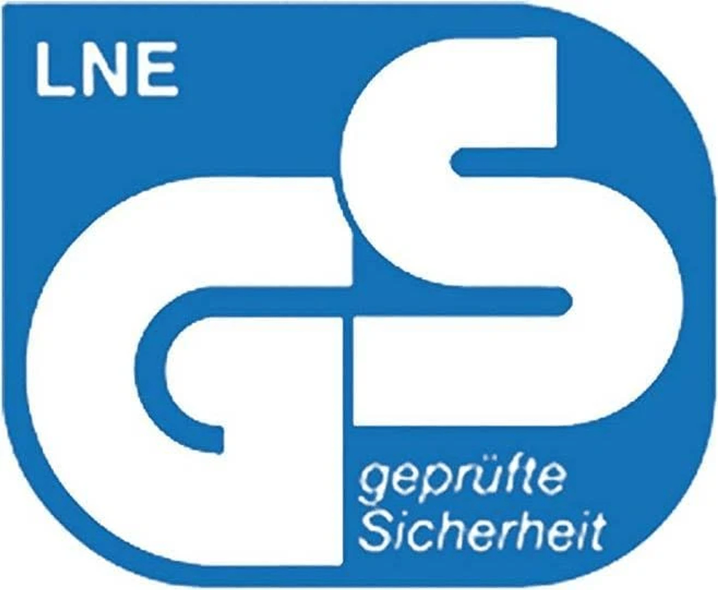 Logotipo azul con marca GS blanca y texto 'LNE geprüfte Sicherheit'.