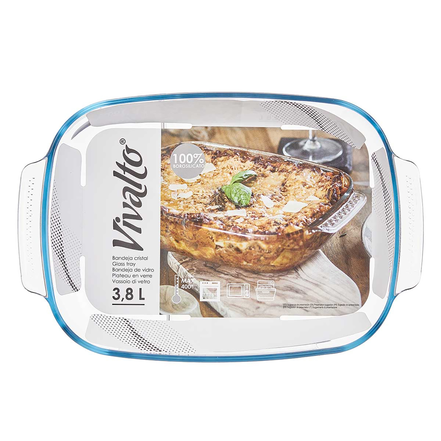 Una teglia in vetro Vivalto con lasagne, capacità 3.8L, max 400C.