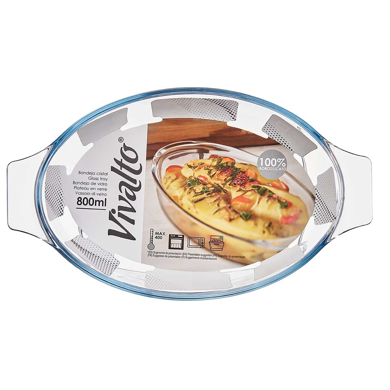 Pirofila ovale in vetro con bordo blu, 800ml, con cibo all'interno.