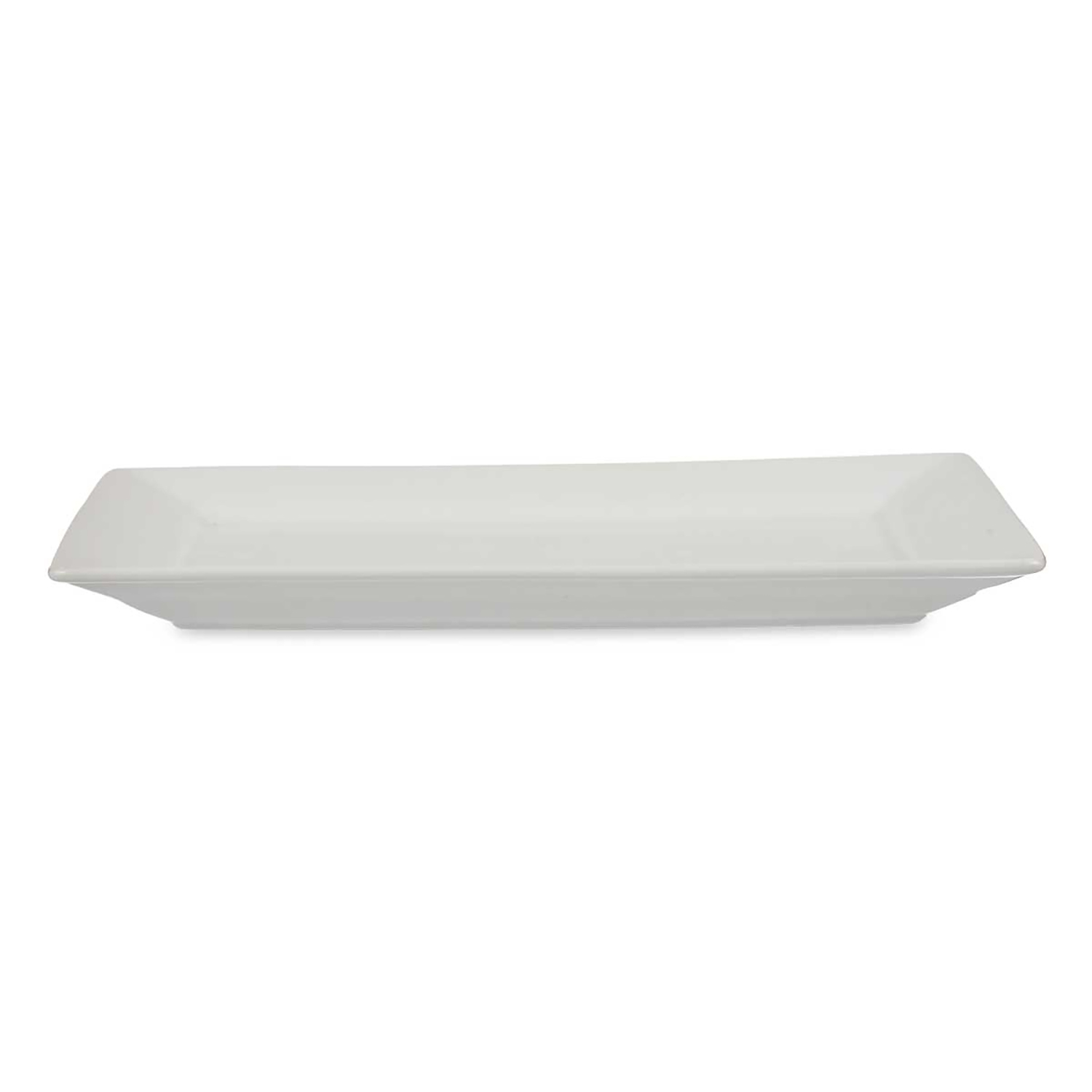 Un piatto da portata rettangolare in ceramica bianca.