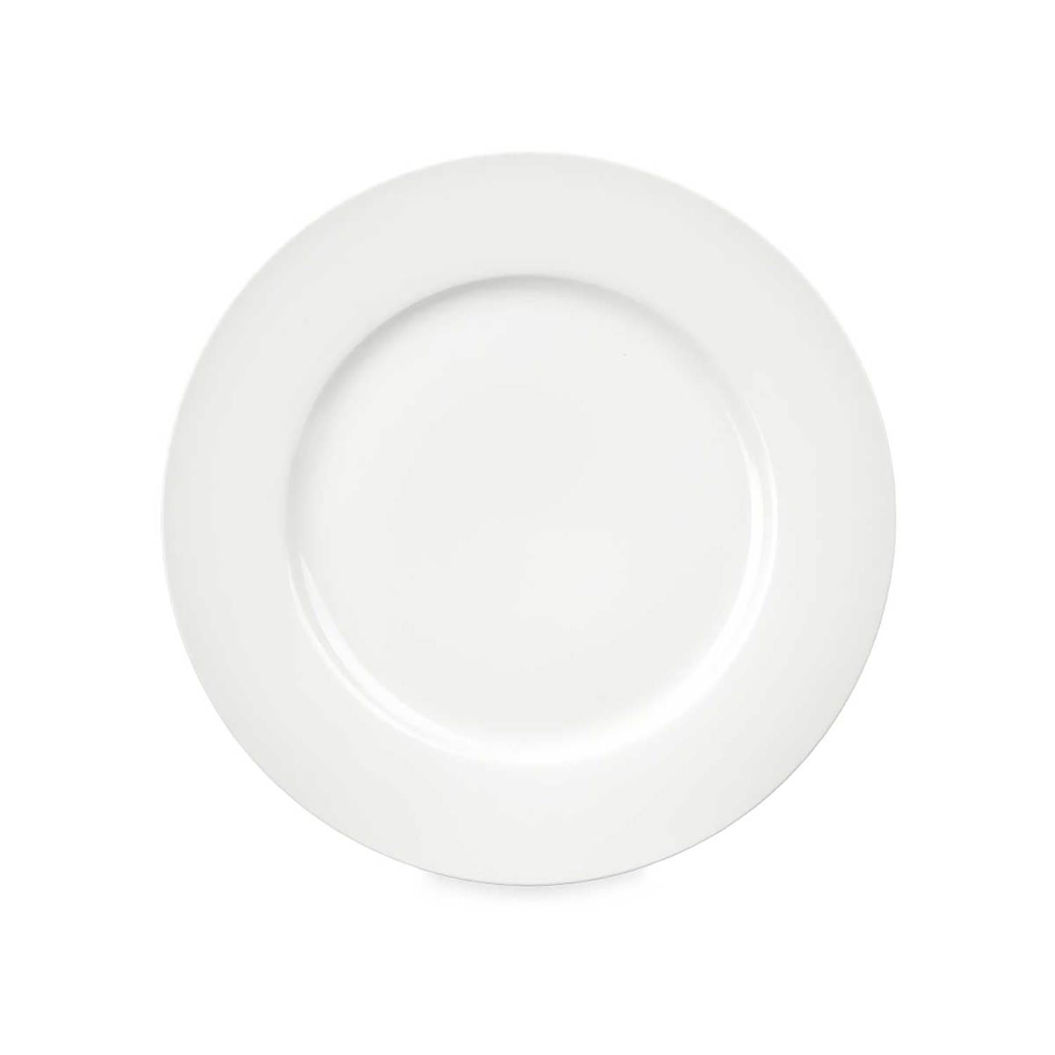 Un piatto bianco semplice con bordo rialzato su sfondo bianco.