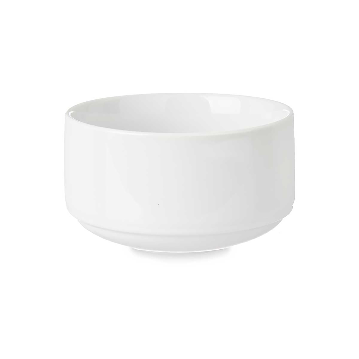 Una ciotola bianca in ceramica dalla superficie liscia, su sfondo bianco.