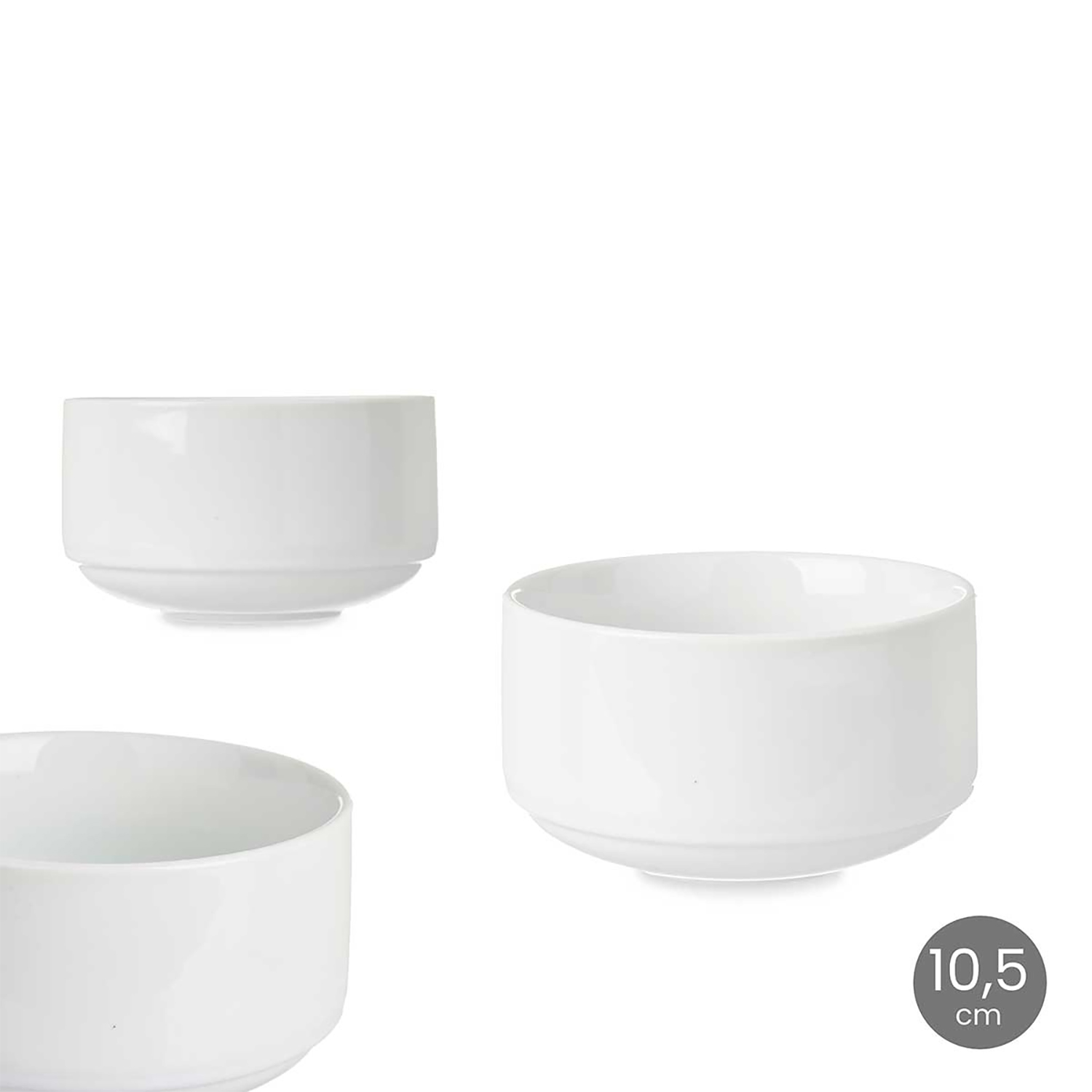 Tre ciotole in ceramica bianca su sfondo bianco, una con segno di 10,5 cm.