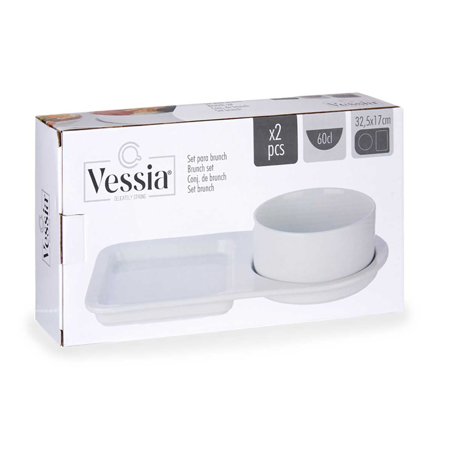 Scatola bianca marca Vessia per un set da brunch da 2 pezzi.
