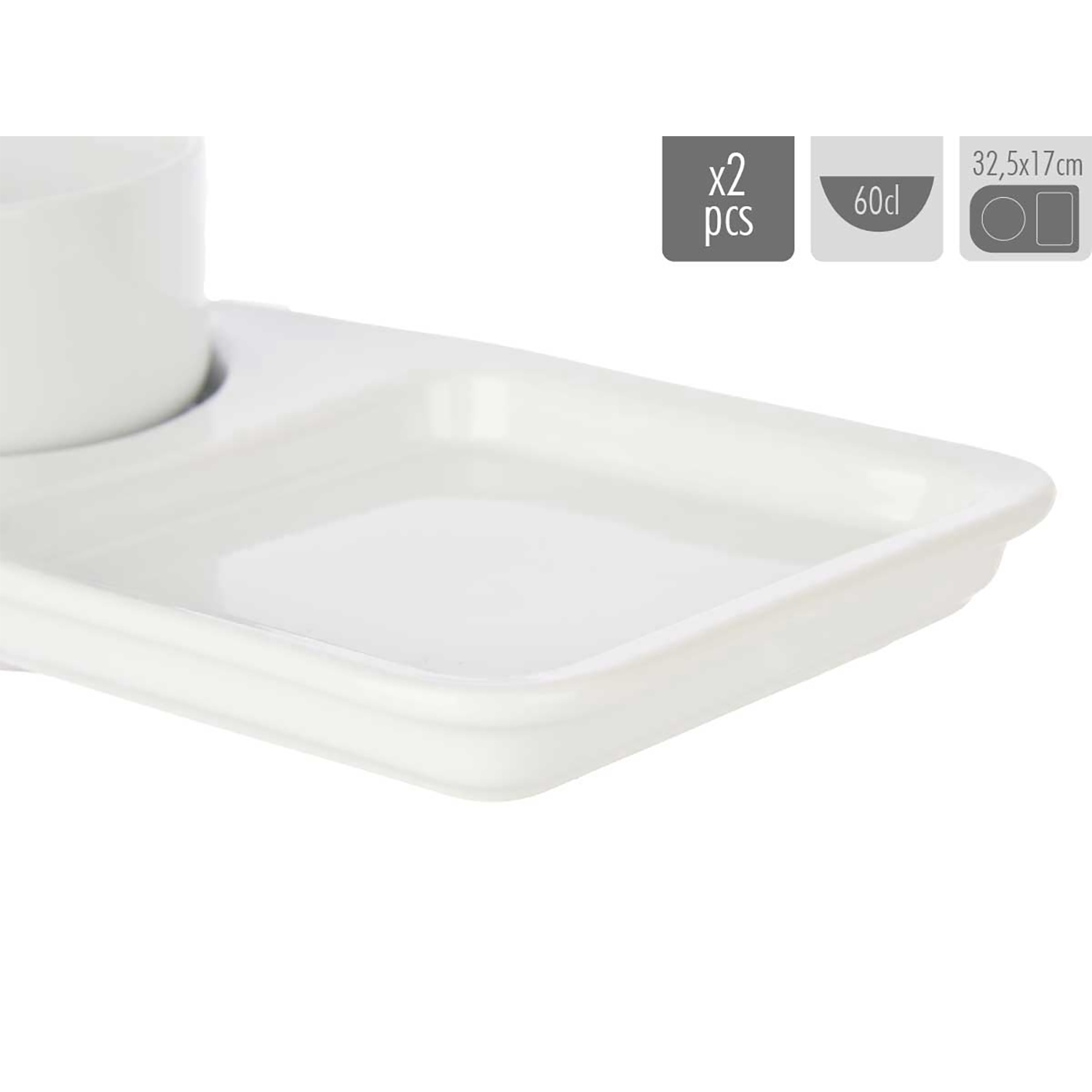 Piatto in ceramica bianca con porta tazza. Include 2 pezzi, 60cl, 32.5x17cm.