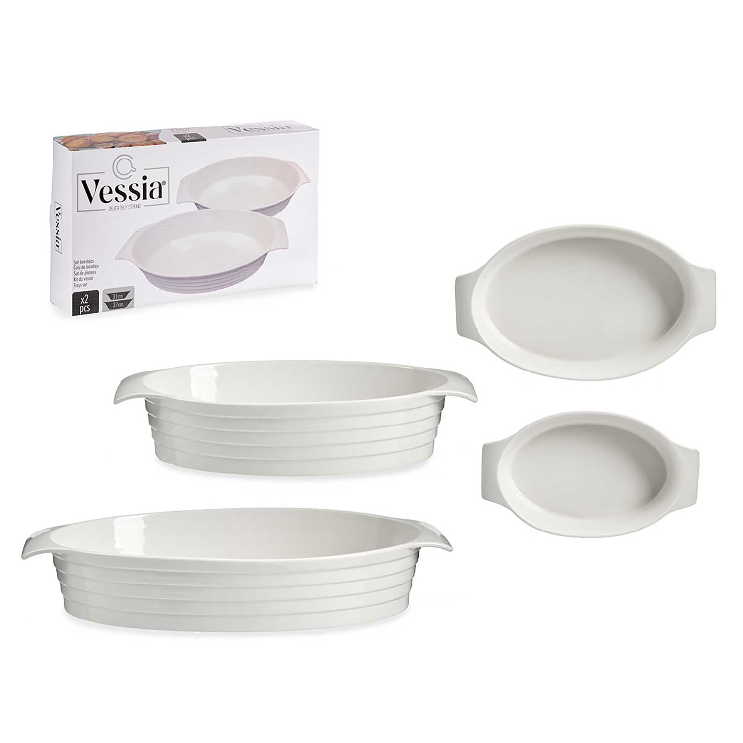 Due pirofile ovali bianche in ceramica con manici e lati scanalati.