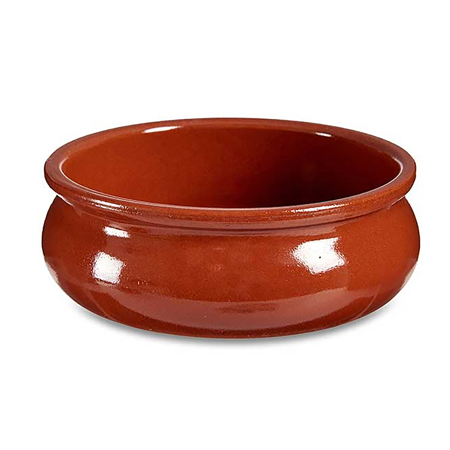 Una piccola ciotola rotonda in terracotta rossa con bordo largo.