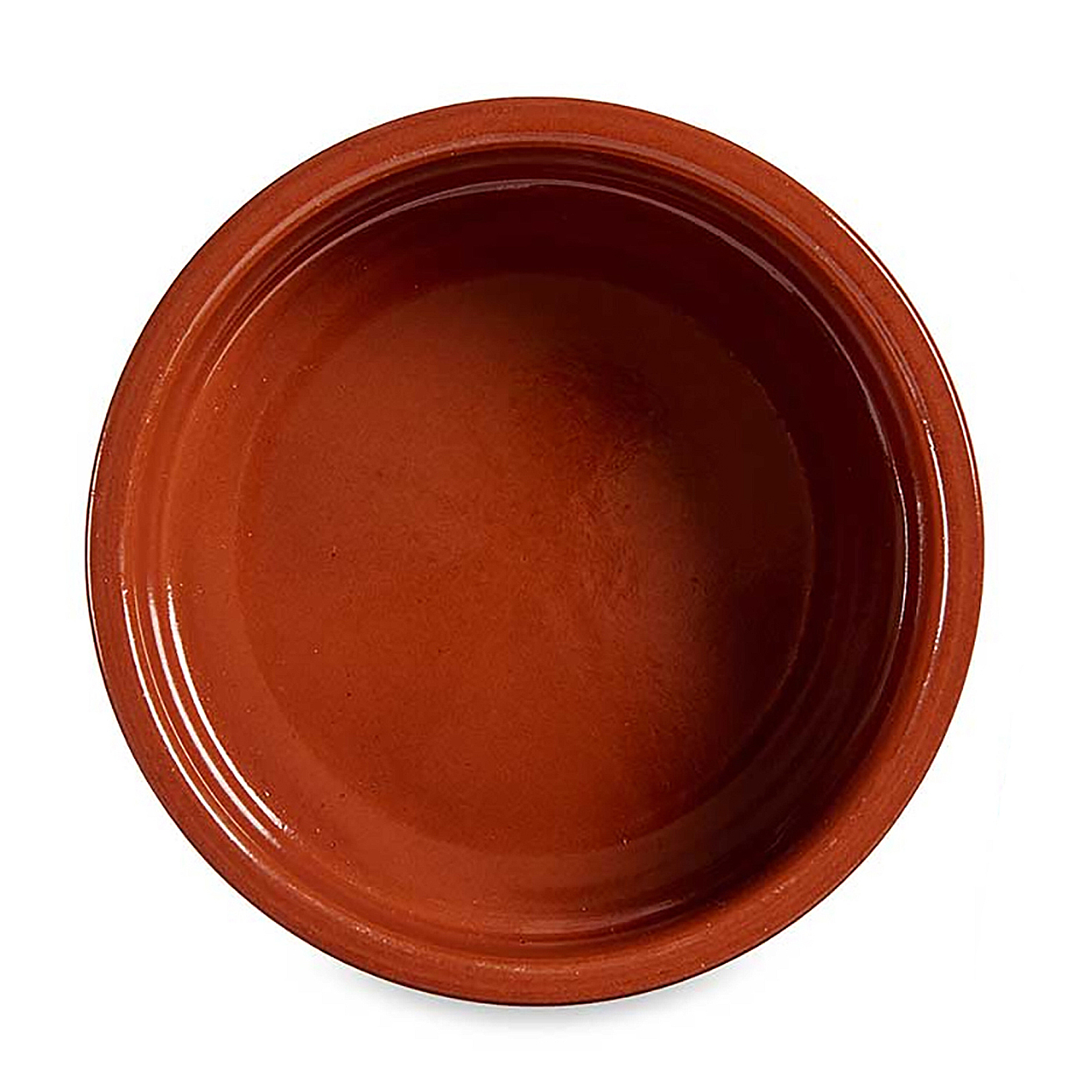 Una ciotola rotonda color terracotta con bordi leggermente rialzati, vista dall'alto.