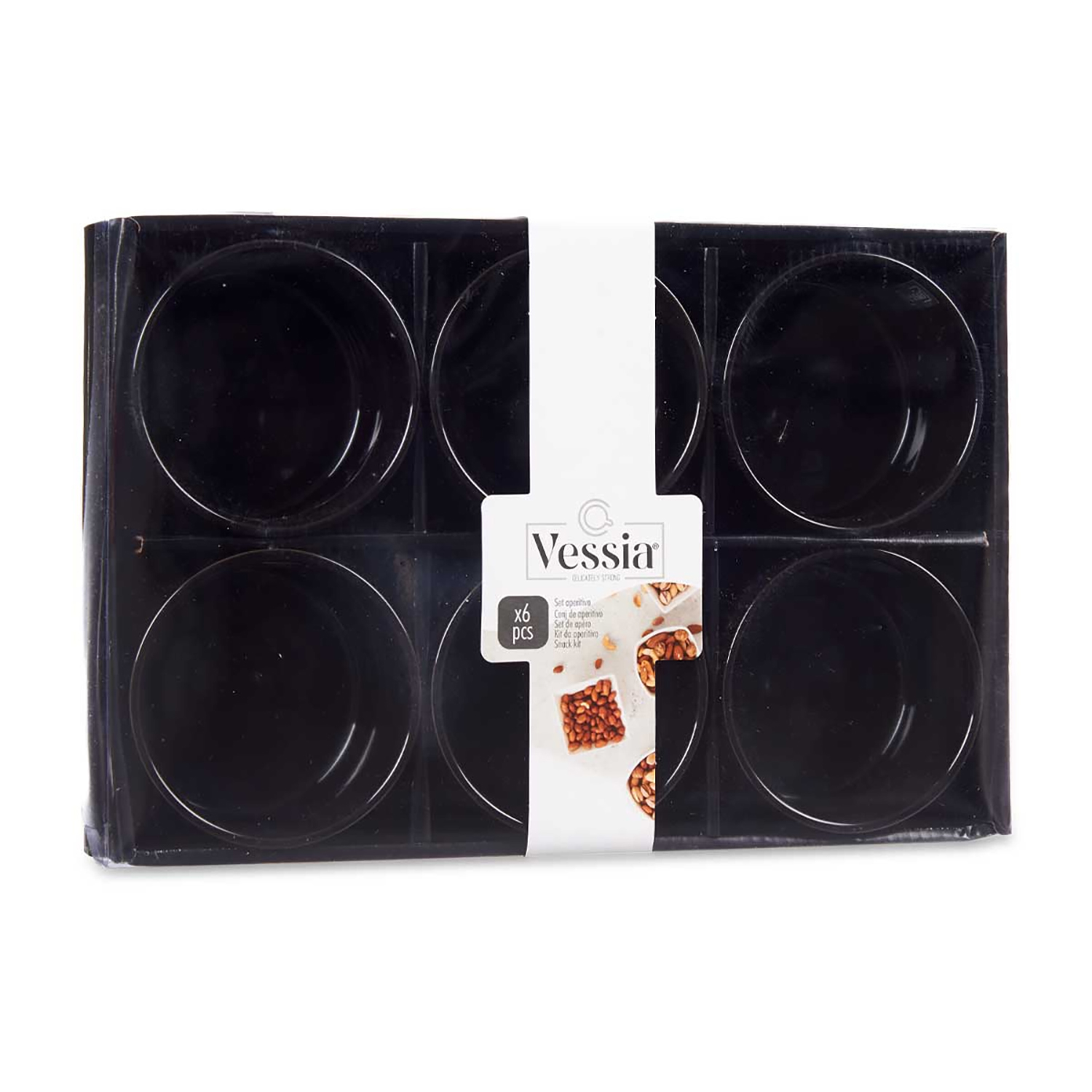 Un set di sei ciotole nere per snack, confezionato.