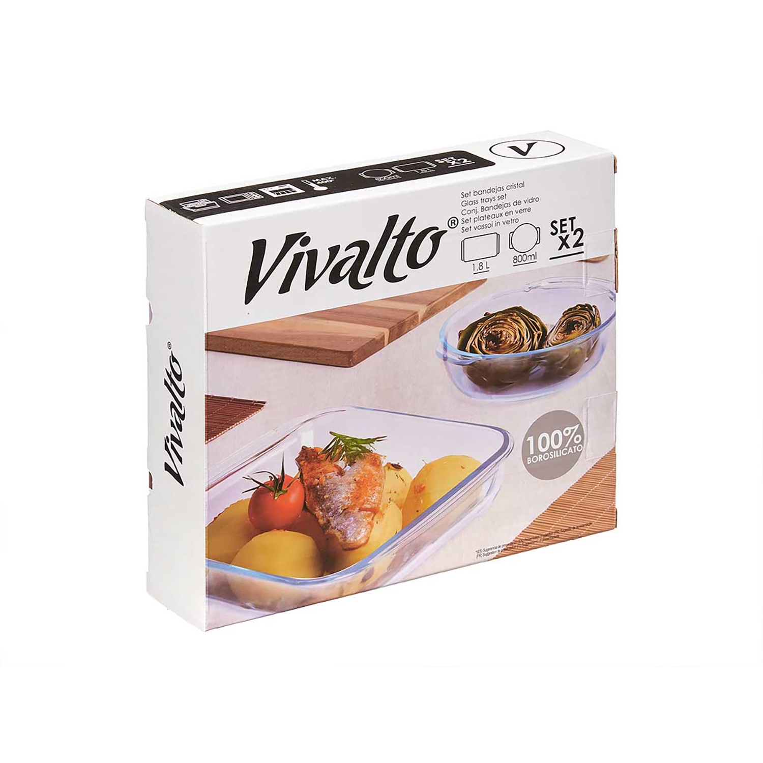 Set di vassoi in vetro Vivalto con patate, pesce e pomodoro.