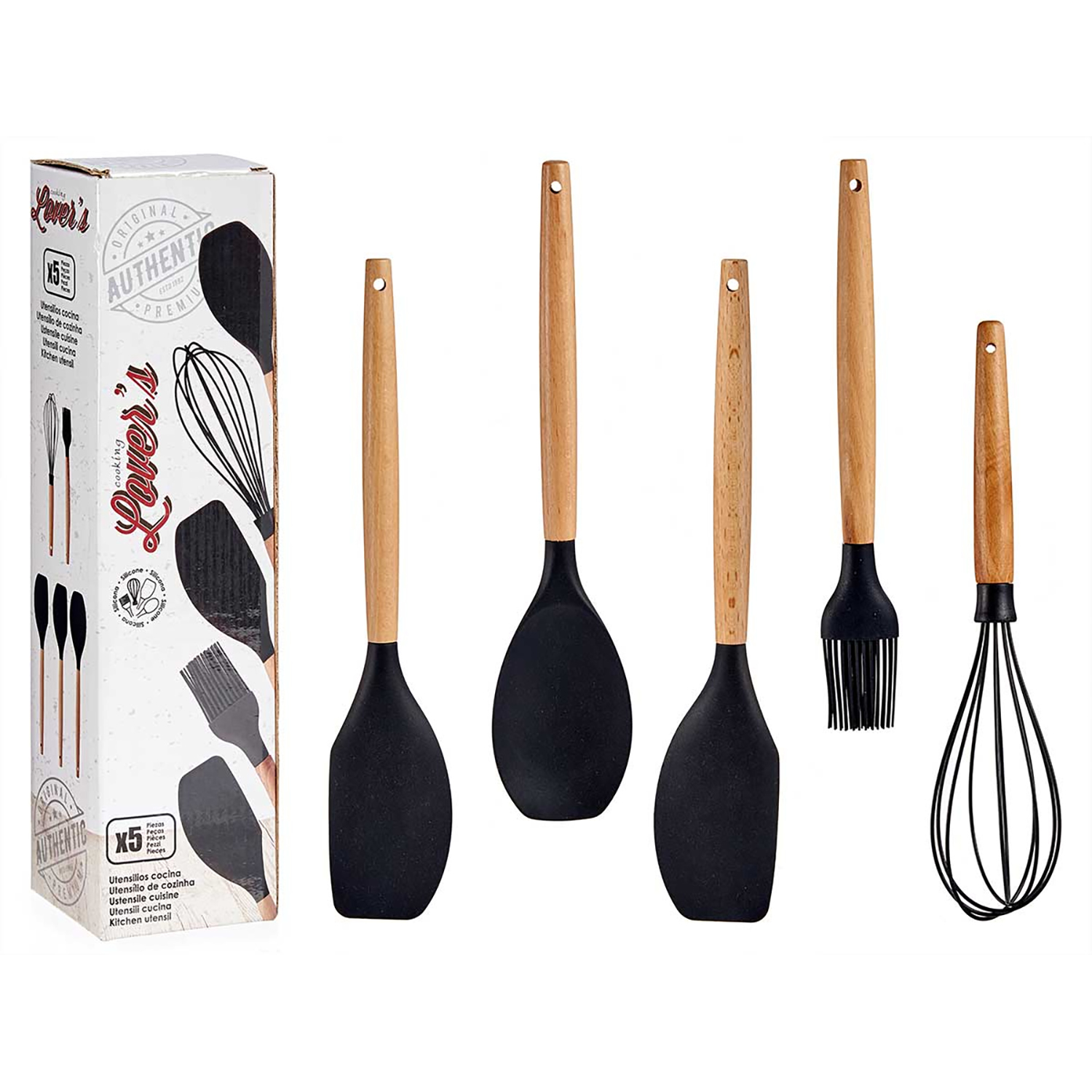 Set di utensili da cucina con manici in legno: spatola, giraprofili, pennello, frusta.