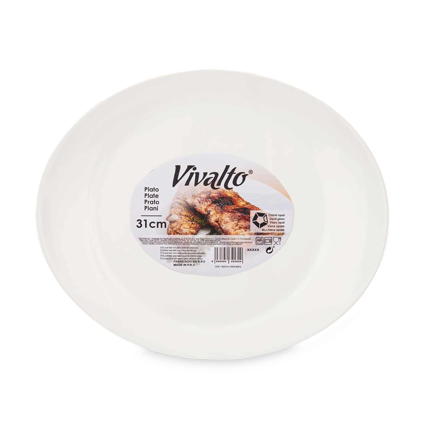 Un piatto Vivalto bianco da 31 cm con immagine di carne alla griglia.