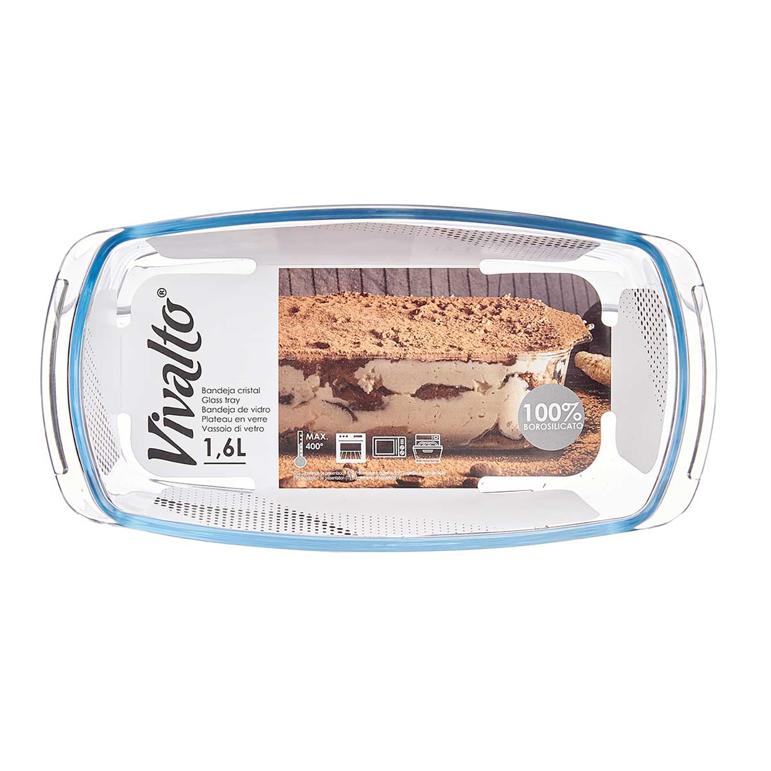 Pirofila in vetro con tiramisù e coperchio blu, capacità 1,6L.