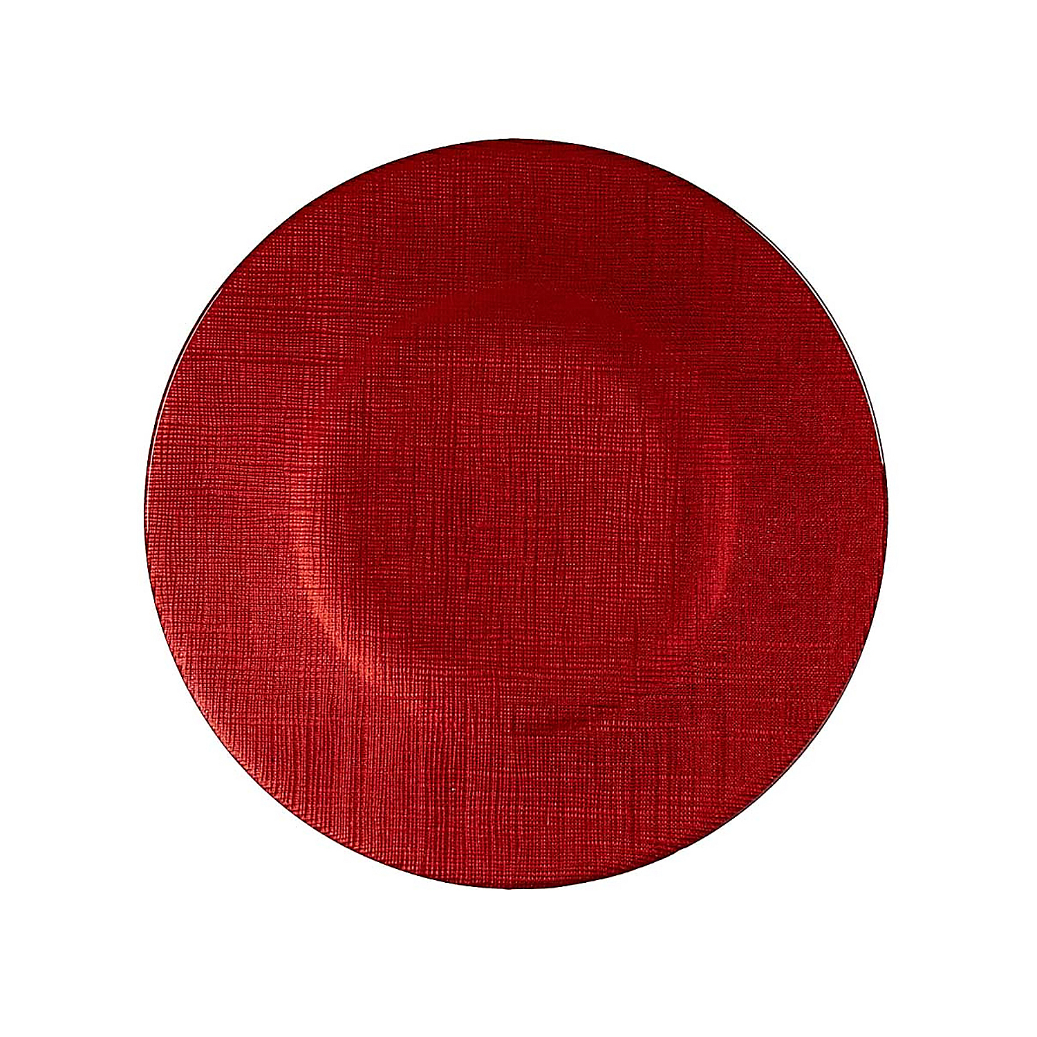 Un sottobicchiere rotondo rosso con superficie testurizzata.