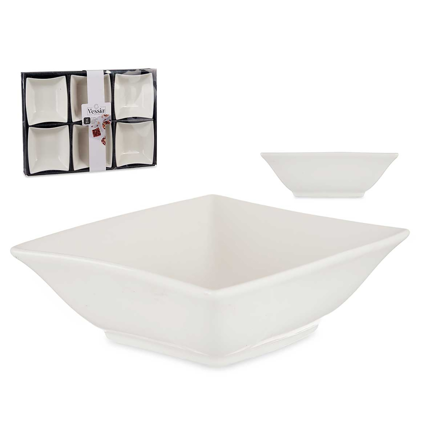 Un set di ciotole in ceramica bianca in confezione regalo e una ciotola singola.