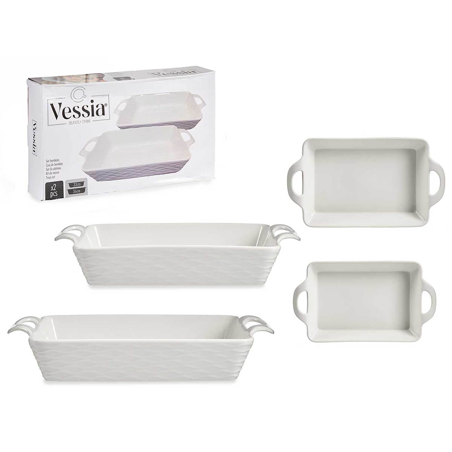 Un set di due pirofile in ceramica bianca con manici, una con motivo.
