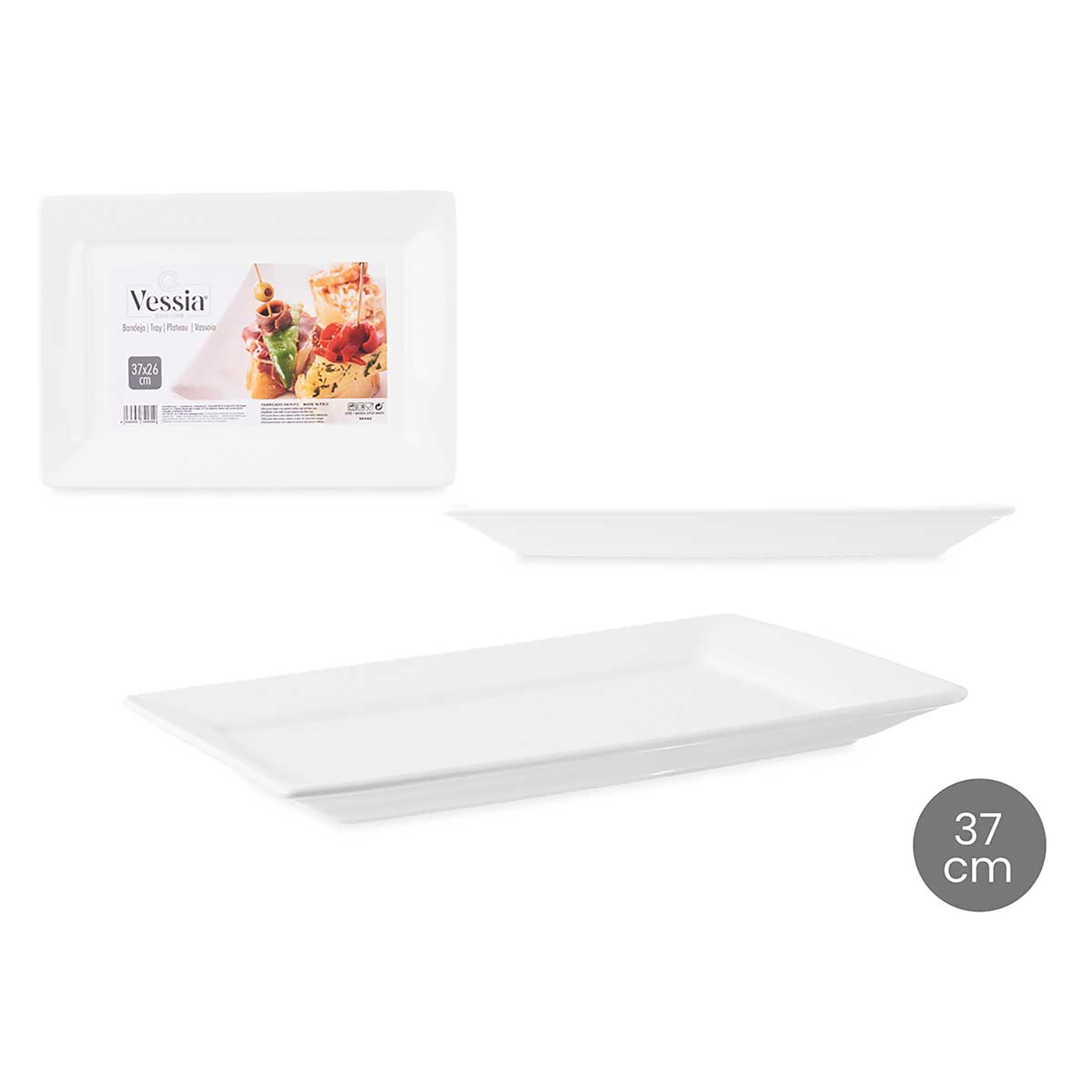 Un vassoio rettangolare bianco con angoli arrotondati, 37x26 cm.