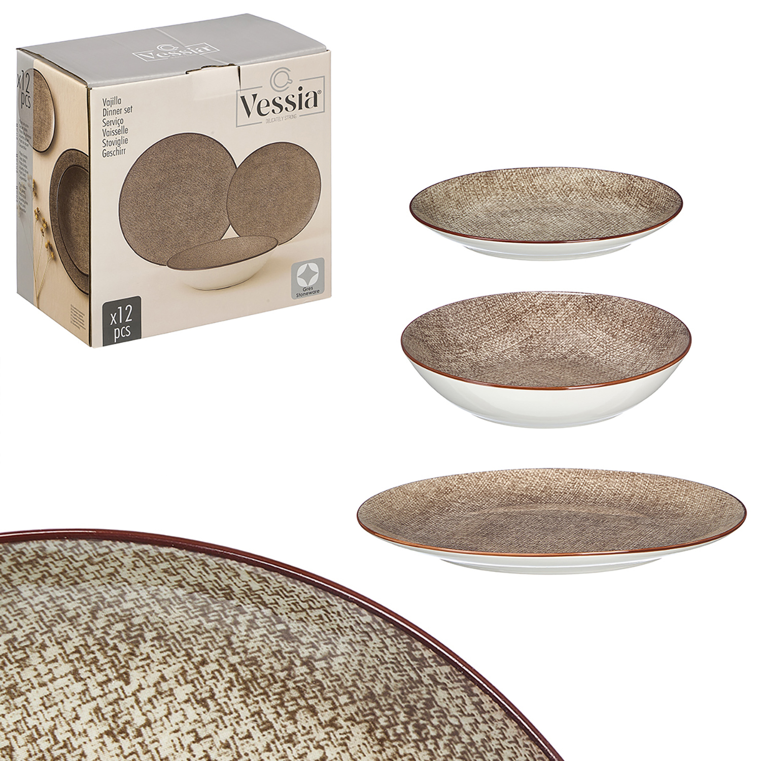 Caja de cartón con vajilla Vessia, más tres platos y un bol.