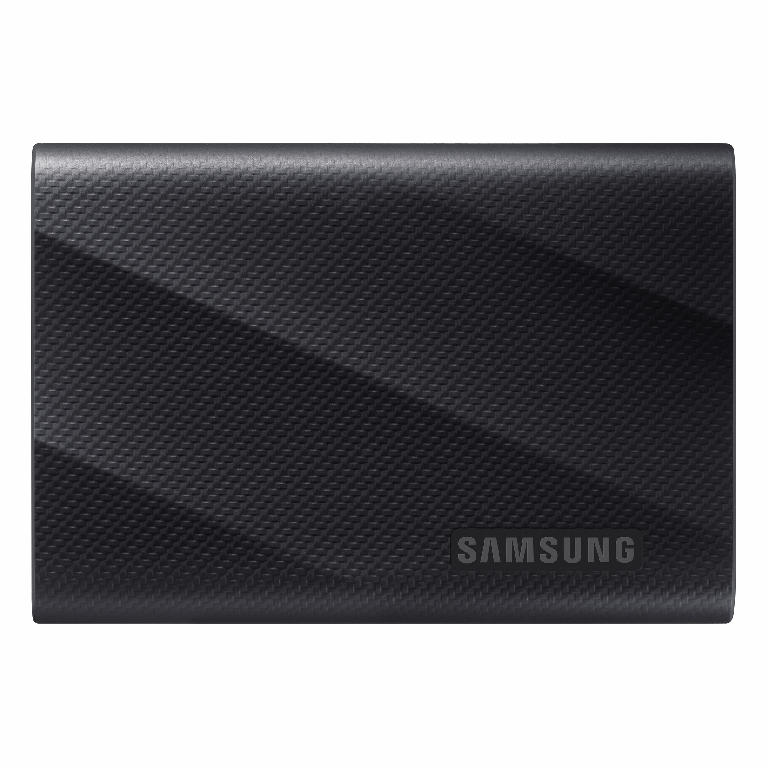 Desenli dokuya ve logoya sahip siyah Samsung SSD.