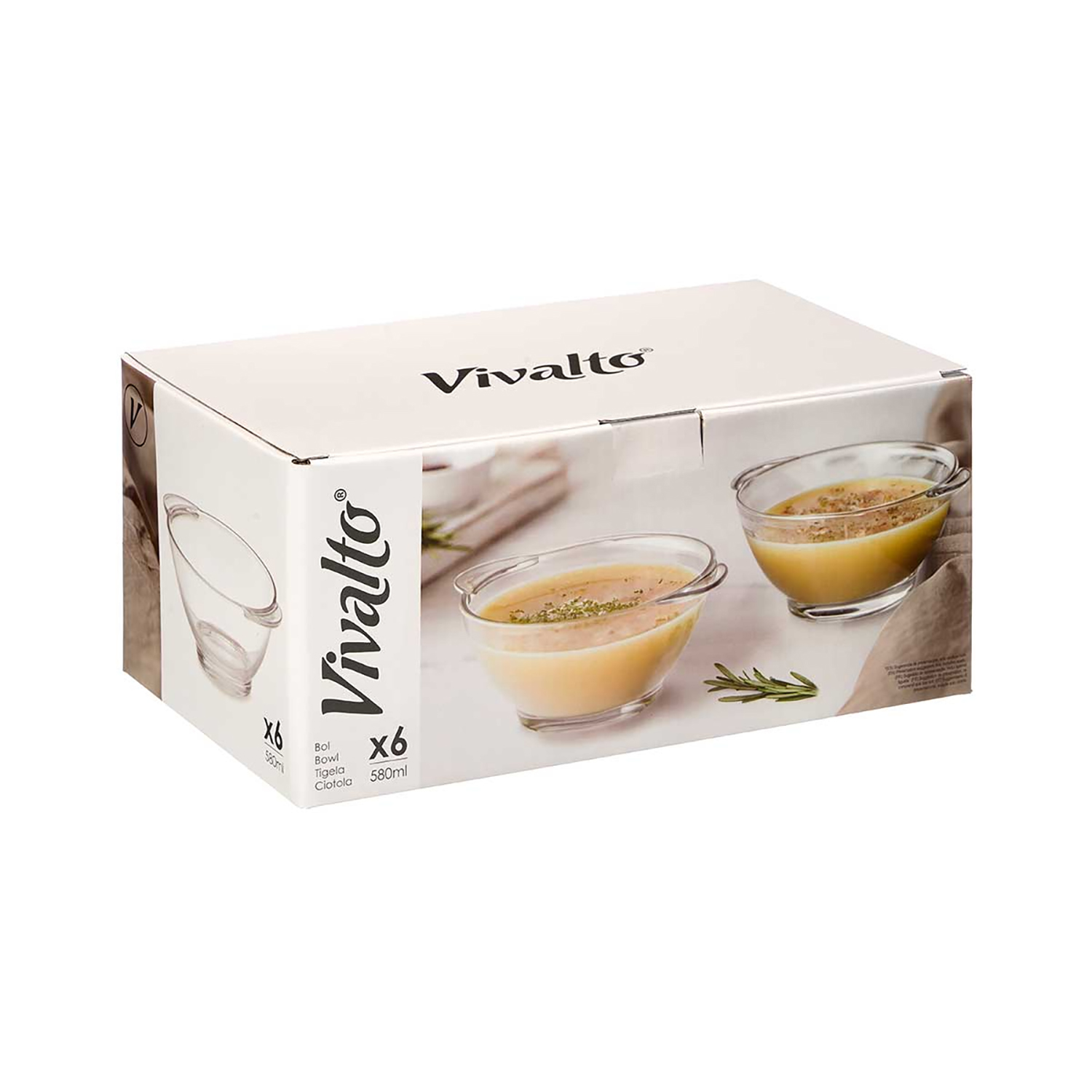Set ciotole Vivalto: 6 ciotole di vetro con zuppa, in scatola.