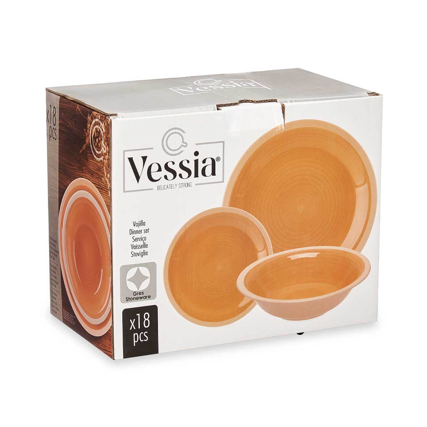 Scatola per un set di stoviglie in gres arancione da 18 pezzi Vessia.