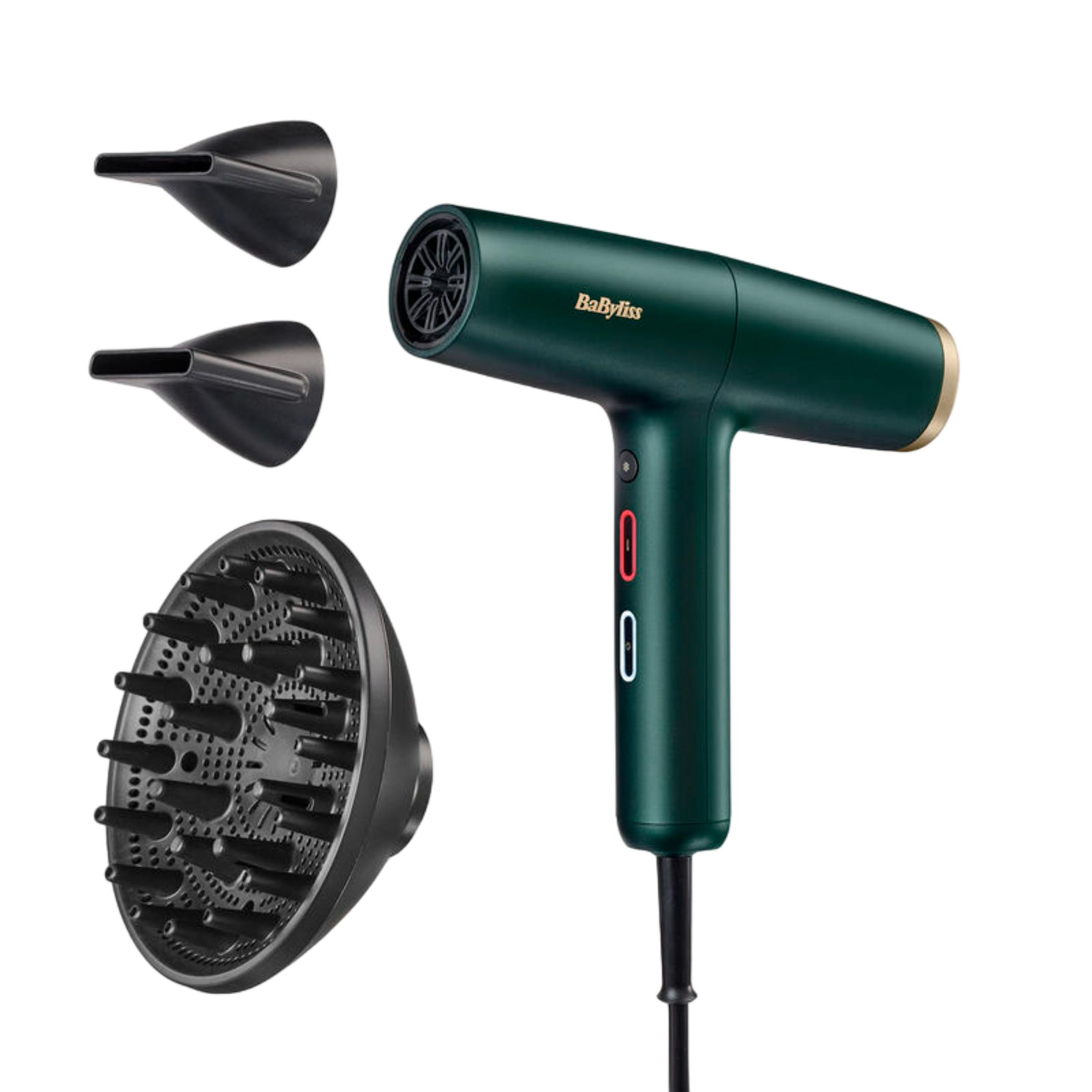Asciugacapelli verde scuro con tre accessori: due beccucci stretti e un diffusore.