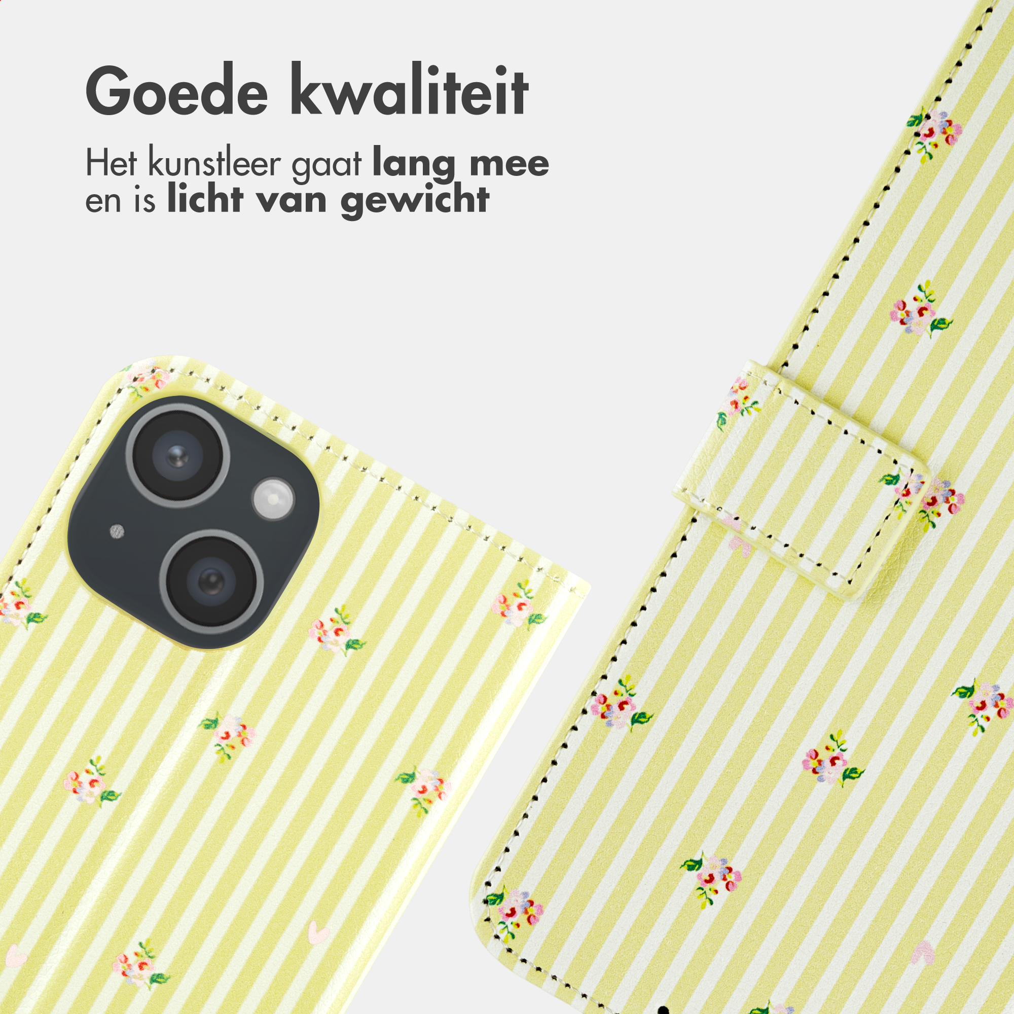 Geel telefoonhoesje met strepen en bloemenpatroon.