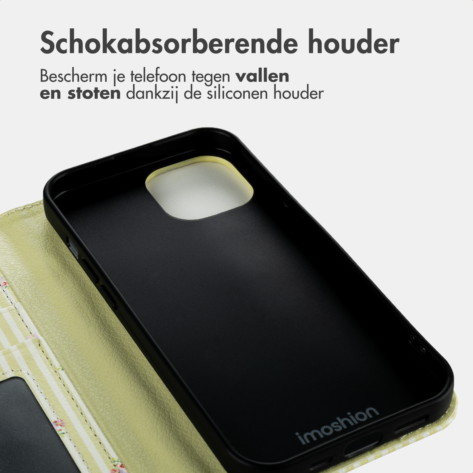 Zwarte siliconen telefoonhoes met lichtgele en wit gestreepte binnenflap.