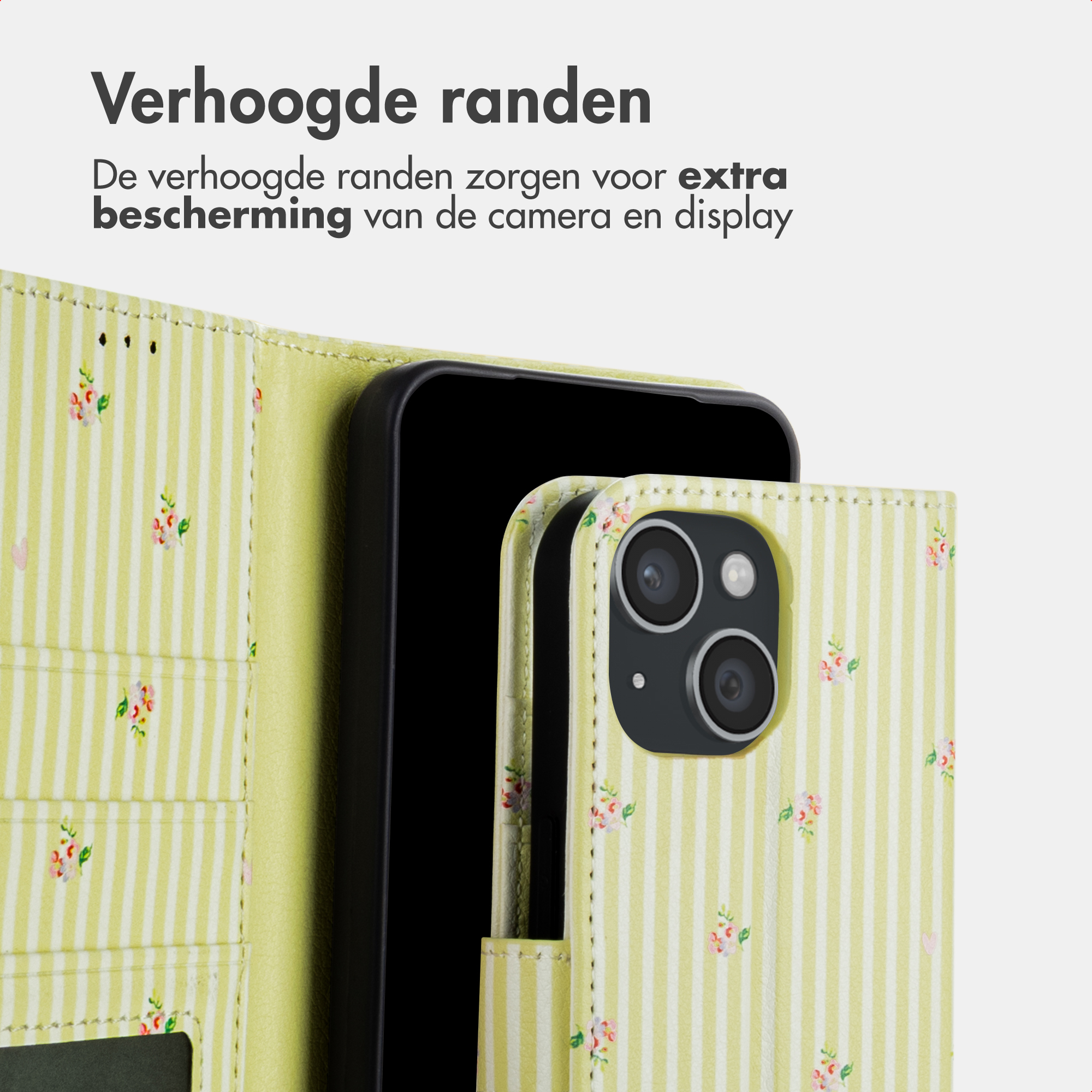Een lichtgele telefoonhoes met verticale strepen en bloemenpatroon.