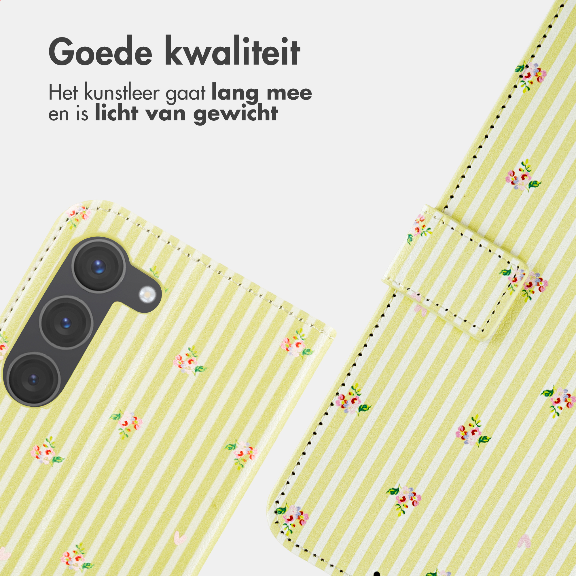 Eine gelb-weiß gestreifte Handyhülle mit Blumenmuster und Kameralinsen.